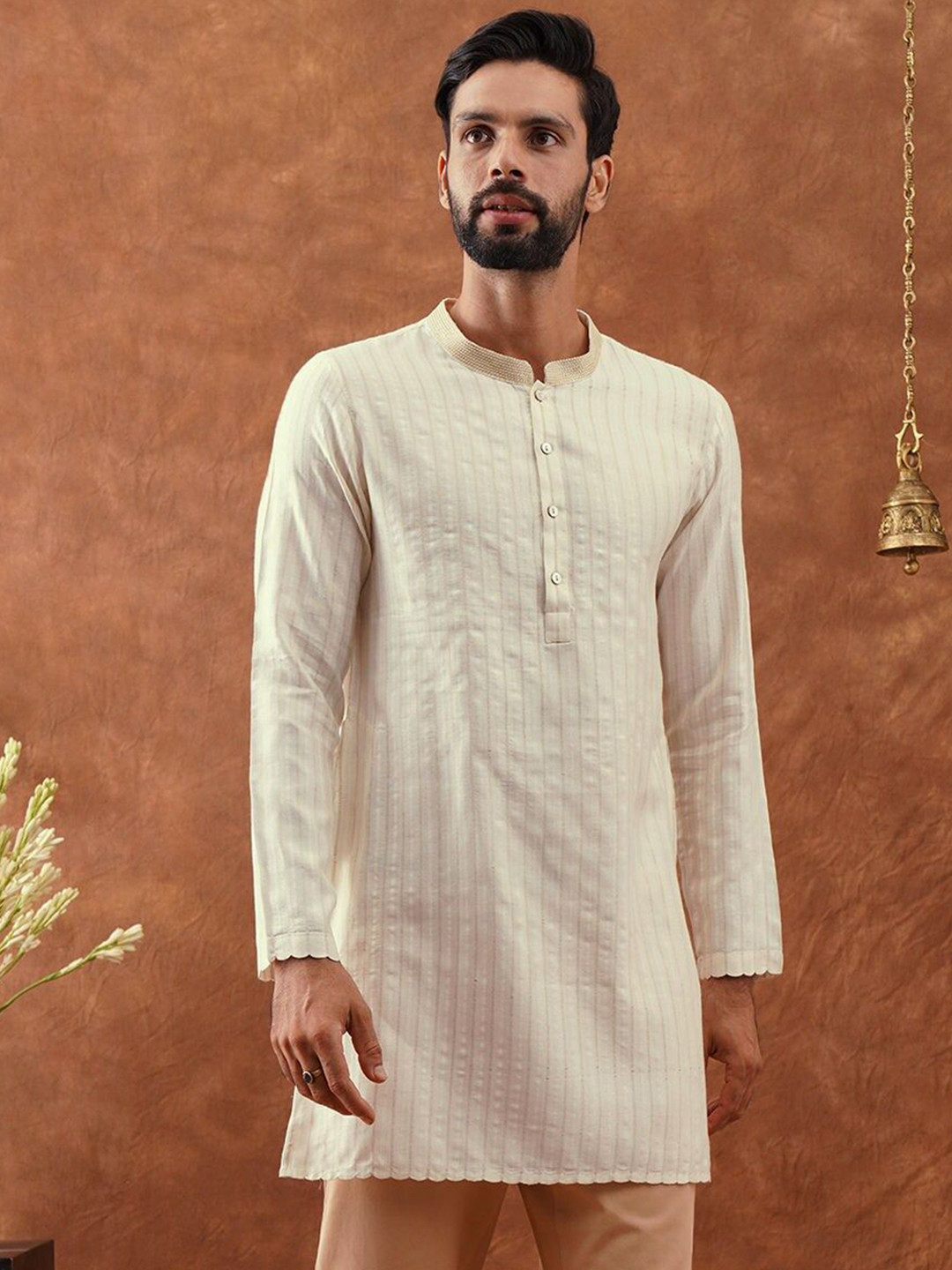 

JAYPORE Striped Mandarin Collar Straight Kurta, Off white