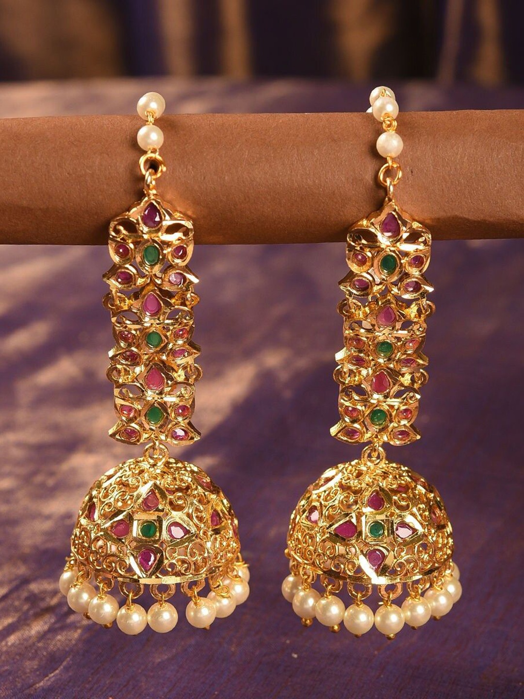 

JAYPORE Stone Studded & Beaded Contemporary Jhumkas, Gold