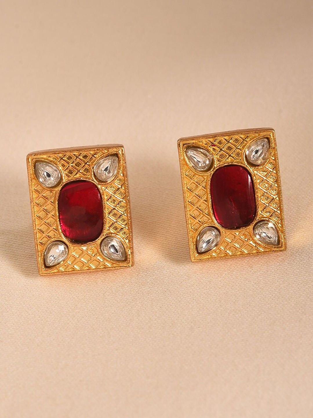 

JAYPORE Silver Square Shaped Kundan Studded Studs, Gold