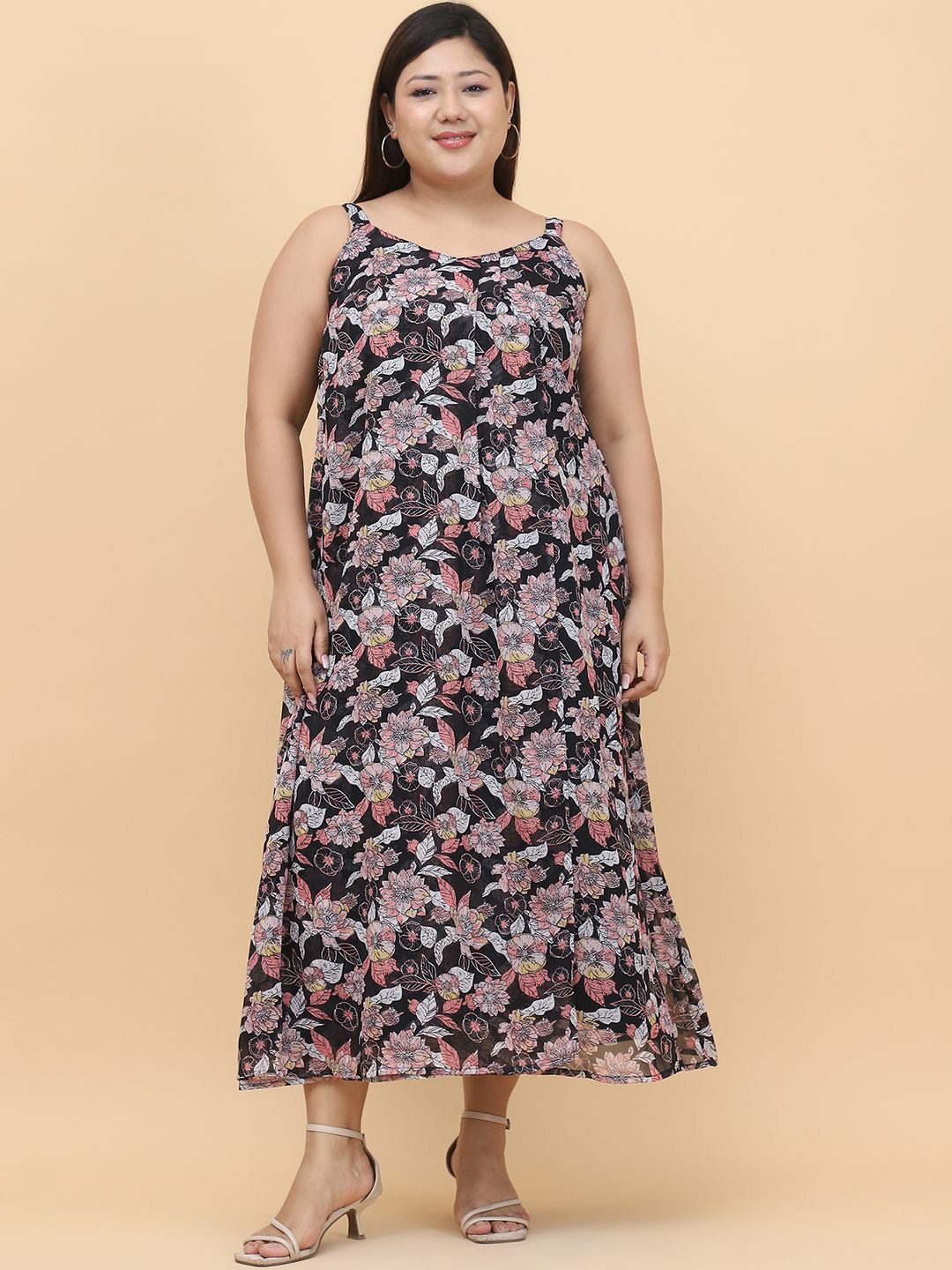 

theRebelinme Floral Print Georgette A-Line Midi Dress, Black