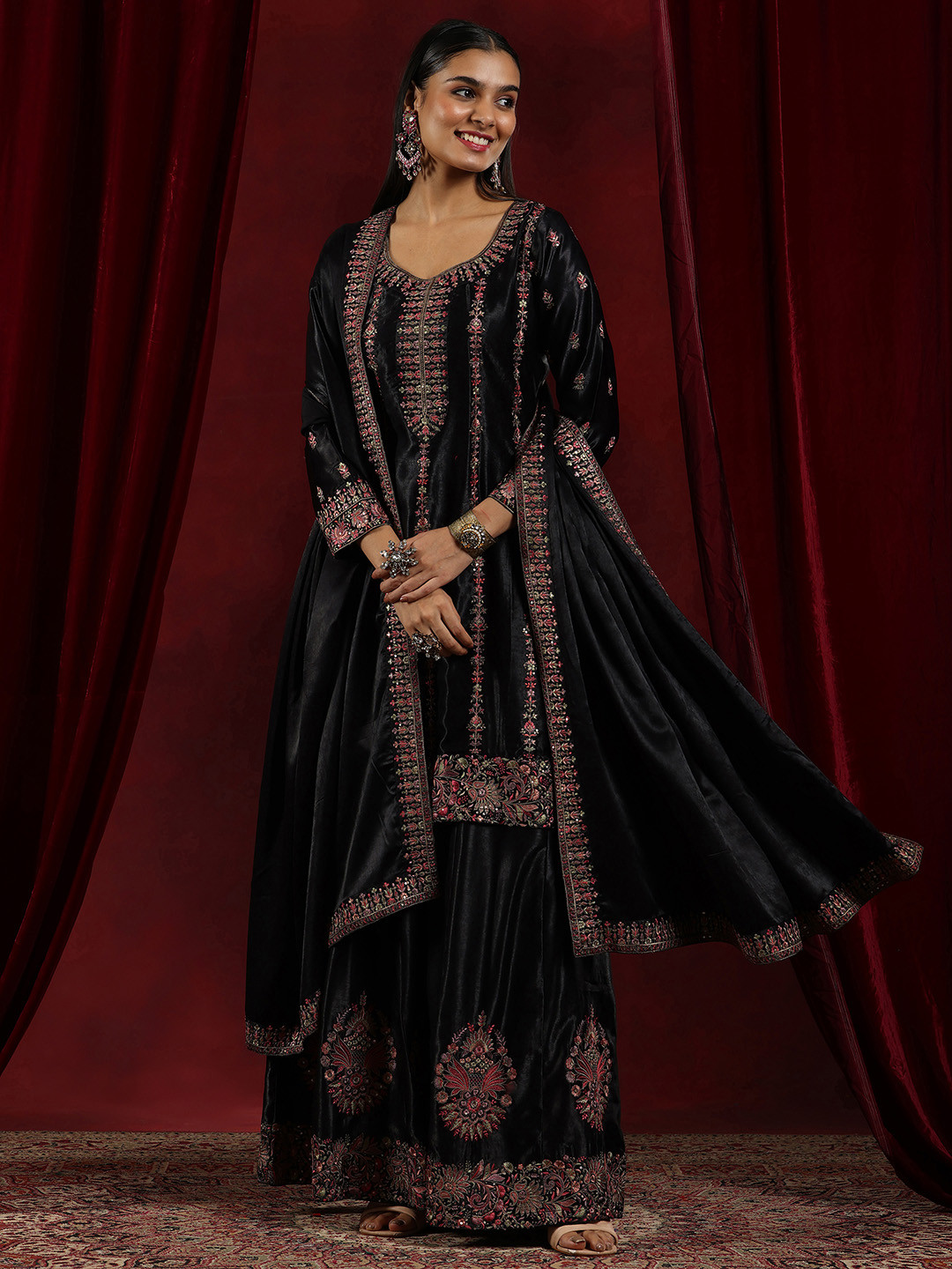 

Libas Art Floral Embroidered Sequinned Pure Silk Straight Kurta With Palazzos & Dupatta, Black