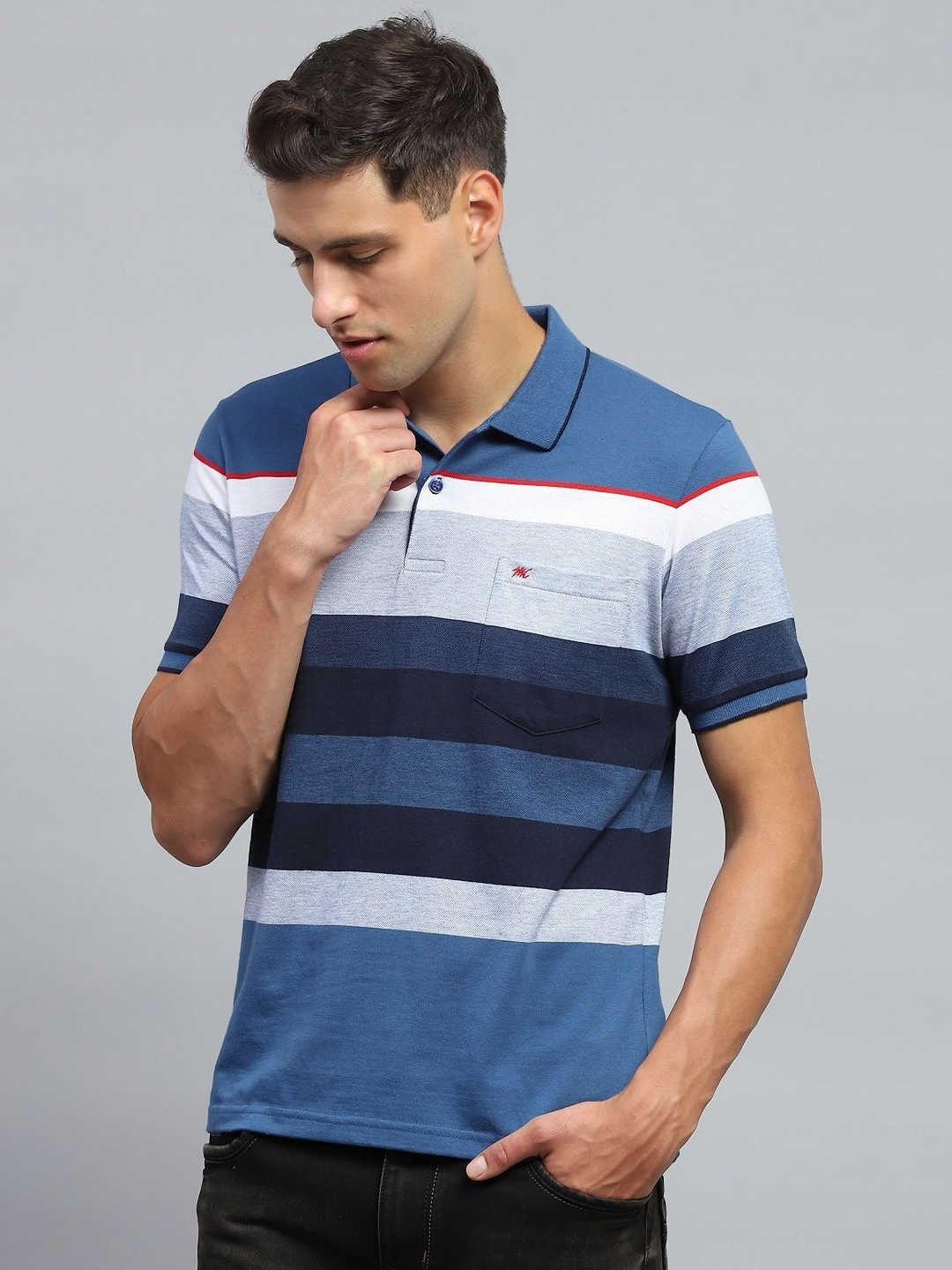 

Monte Carlo Men Striped Polo Collar Cotton T-shirt, Blue