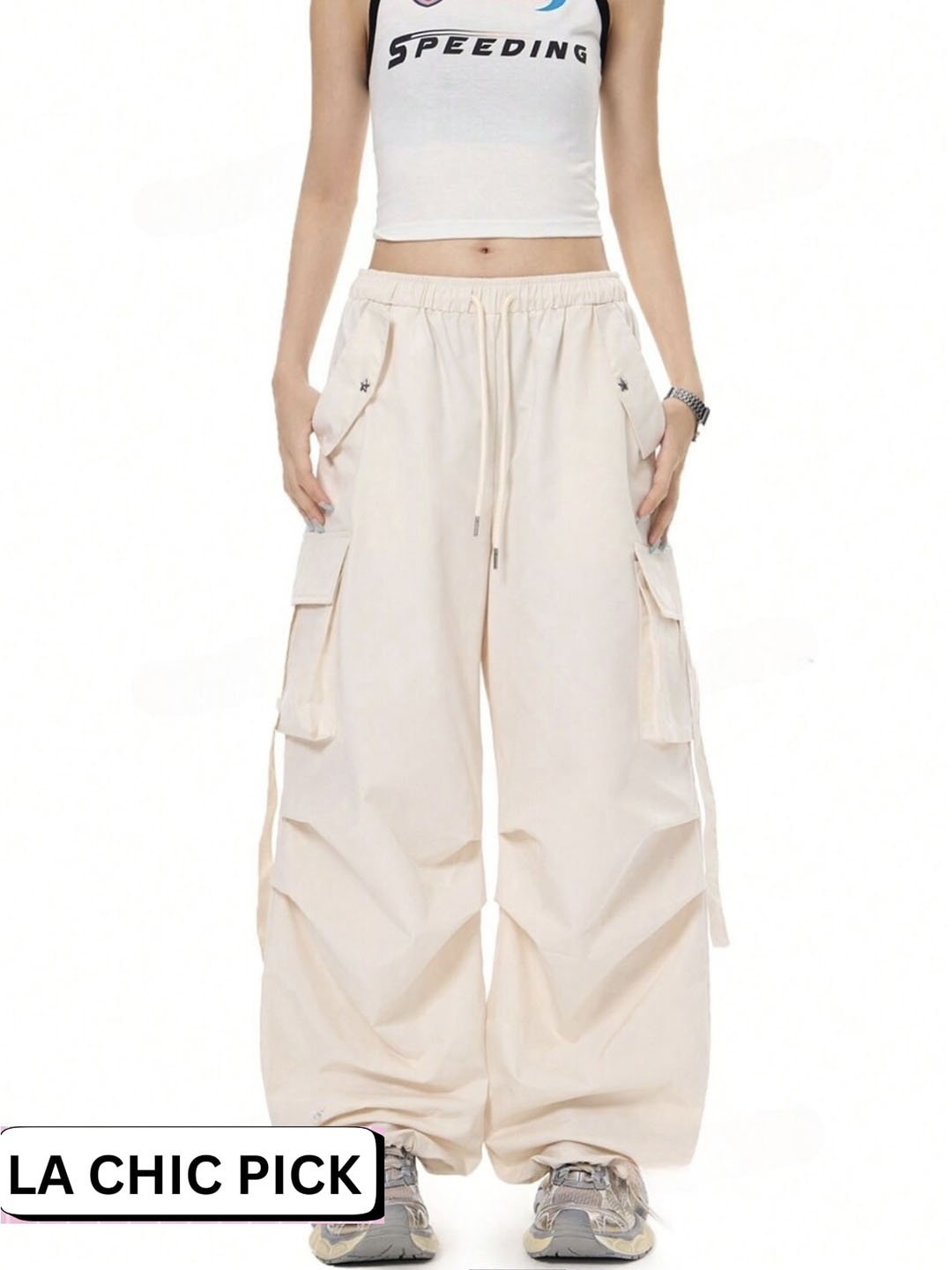 

LA CHIC PICK Women Loose Fit Mid-Rise Cotton Cargos Trouser, Beige