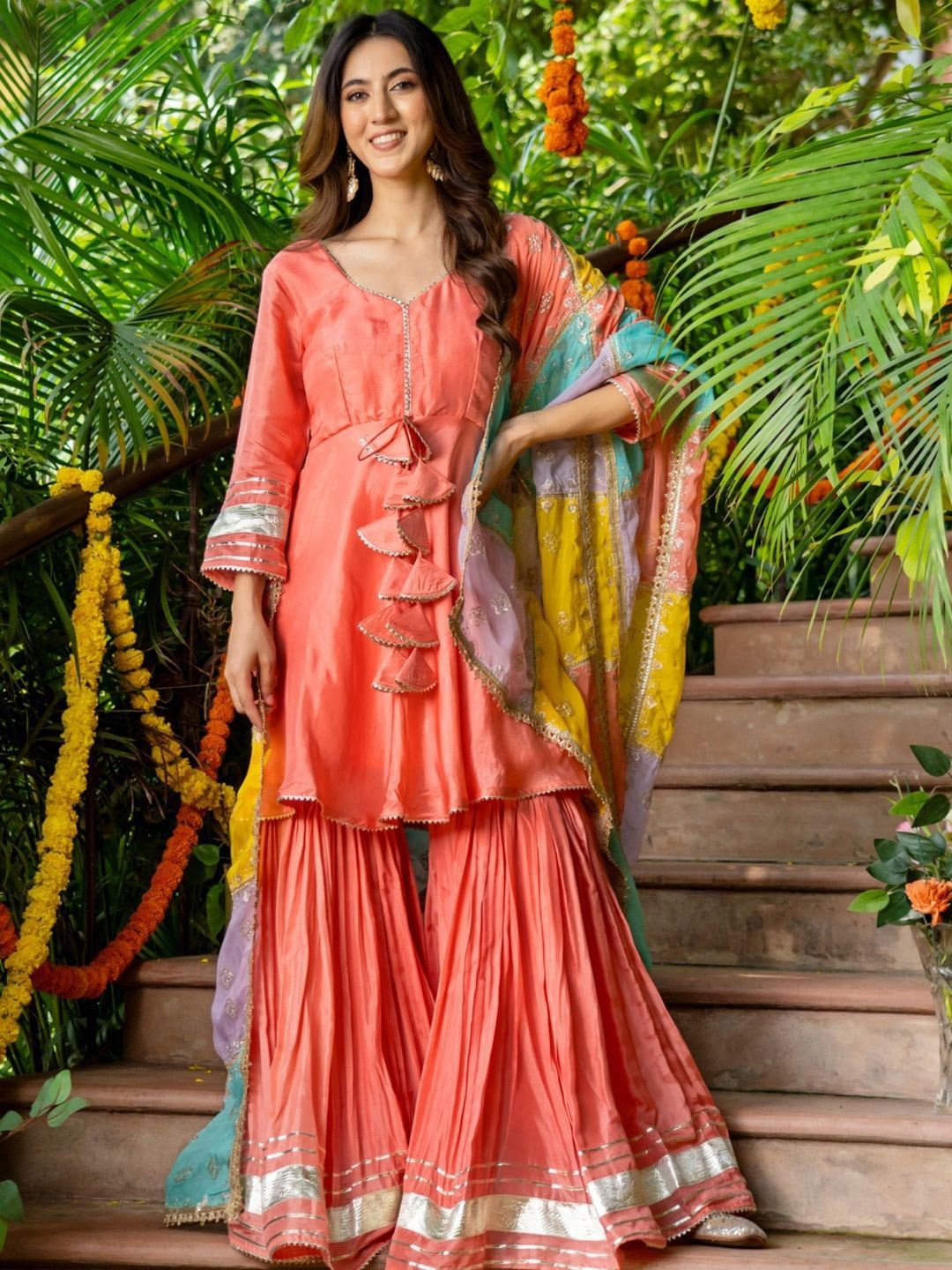 

HOUSE OF JAMOTI V-Neck Regular Anarkali Kurti with Sharara & Dupatta, Peach
