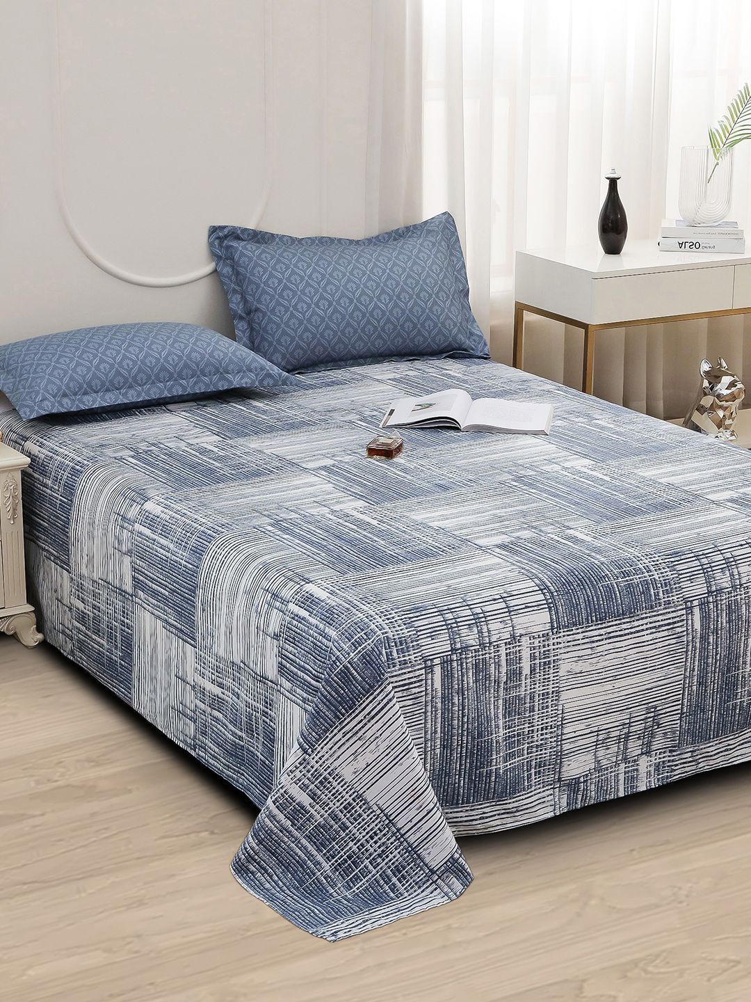 

Story@home Blue & Grey Abstract Printed 240 TC Satin Finish Queen Bedsheet Set