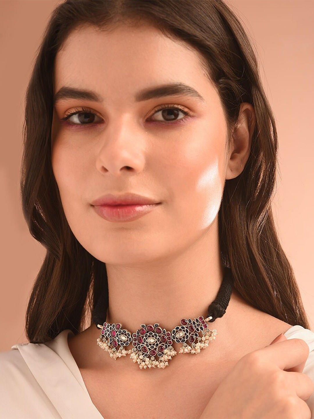 

JAYPORE Silver Faux Ruby Necklace