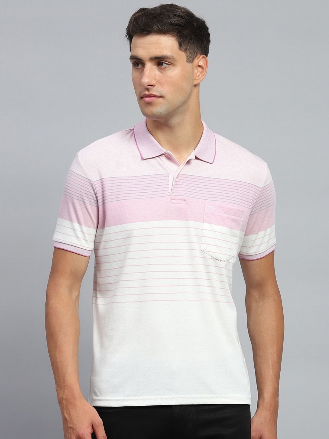 

Monte Carlo Men Striped Polo Collar Cotton T-shirt, Pink