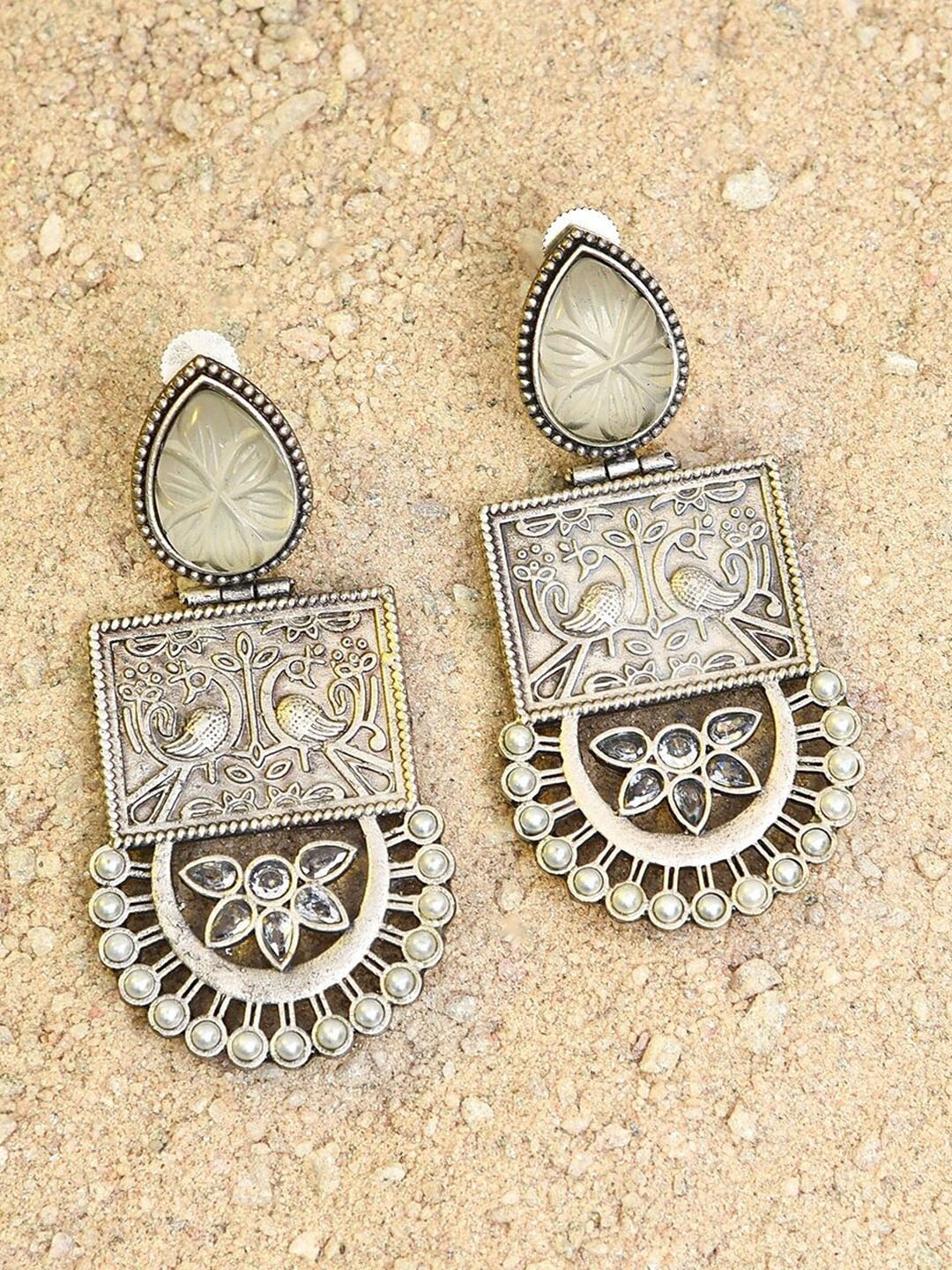 

JAYPORE Stone Studded Contemporary Drop Earrings, Silver