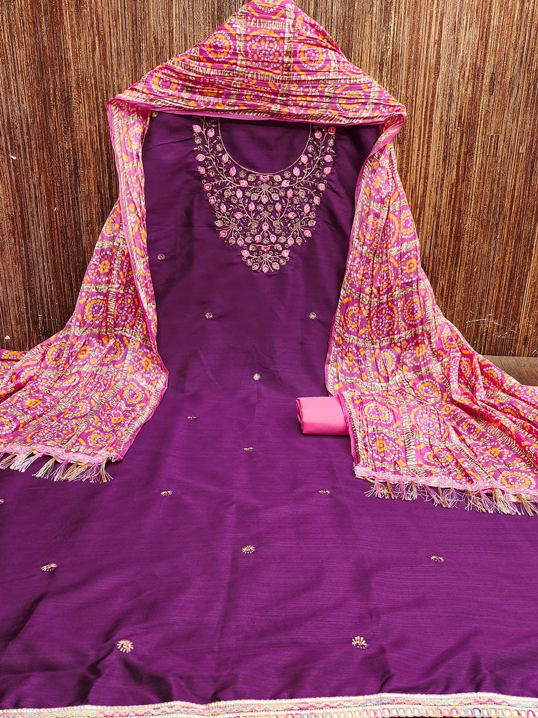 

Maroosh Floral Embroidered Beads and Stones Unstitched Dress Material, Purple