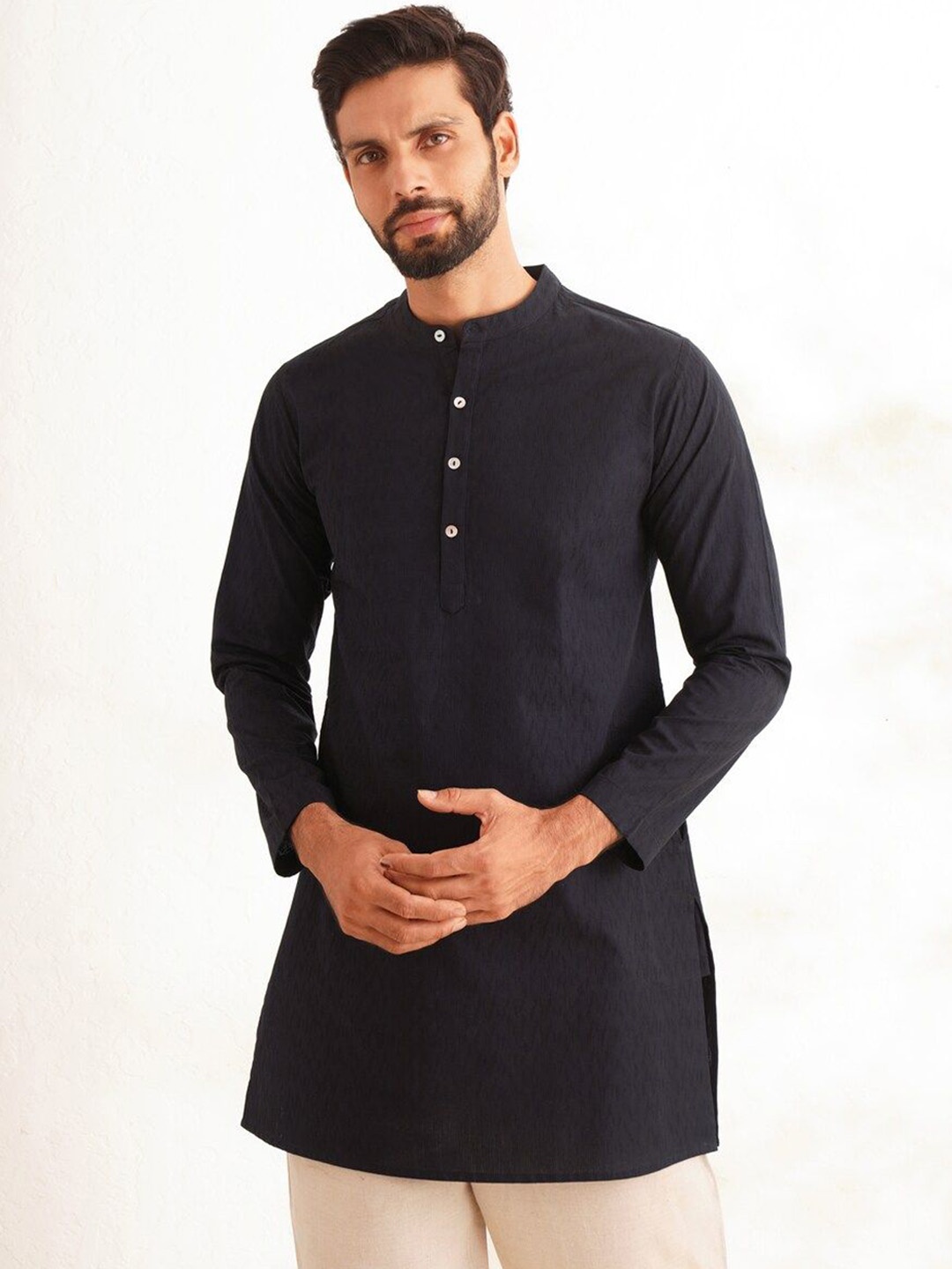 

JAYPORE Woven Design Band Collar Thread Work Pure Cotton Dobby Straight Kurta, Black