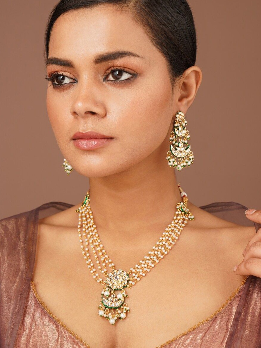 

JAYPORE Brass Artificial Stones & Beads Studded Jewellery Set, Gold