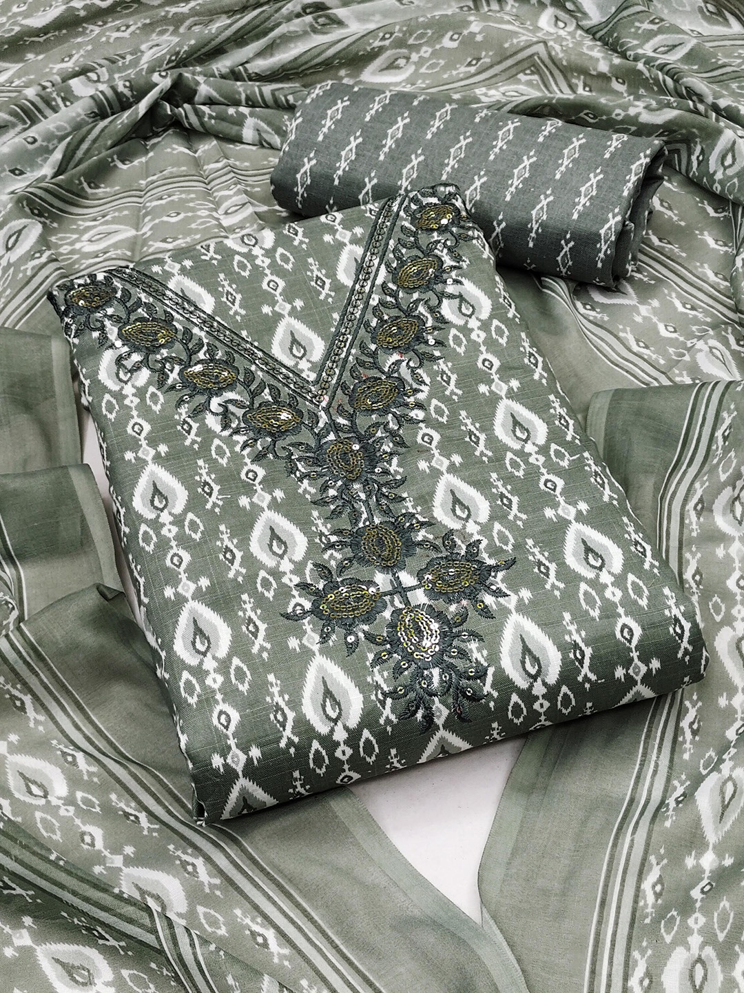 

Maroosh Geometric Printed Sequinned Unstitched Dress Material, Grey