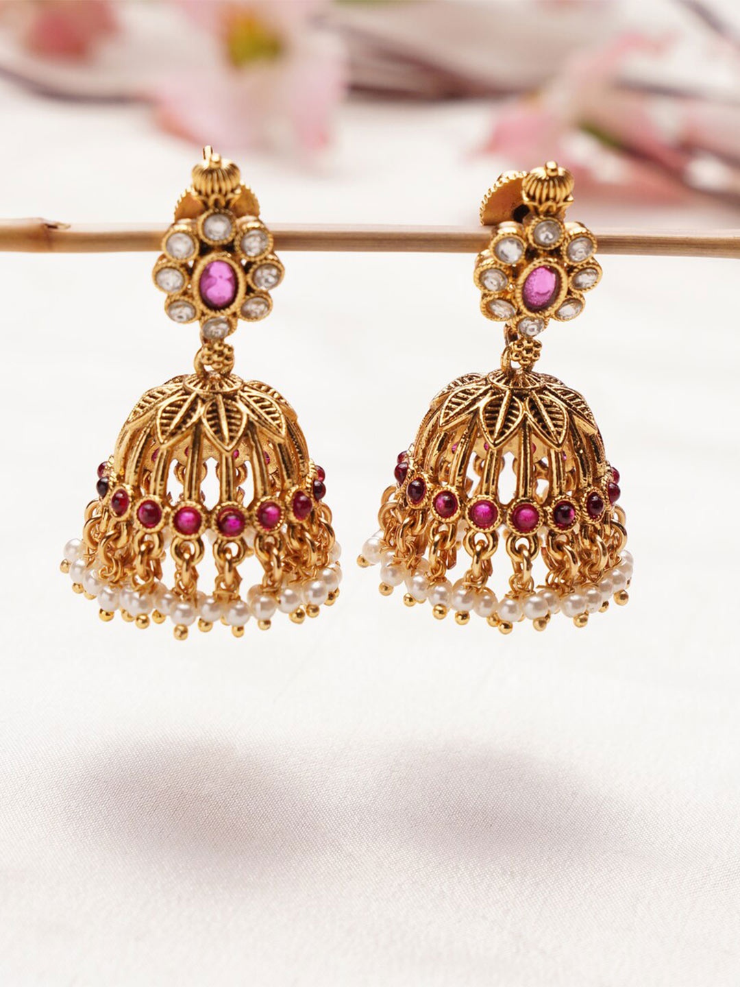 

JAYPORE Stone Studded & Beaded Contemporary Jhumkas, Gold