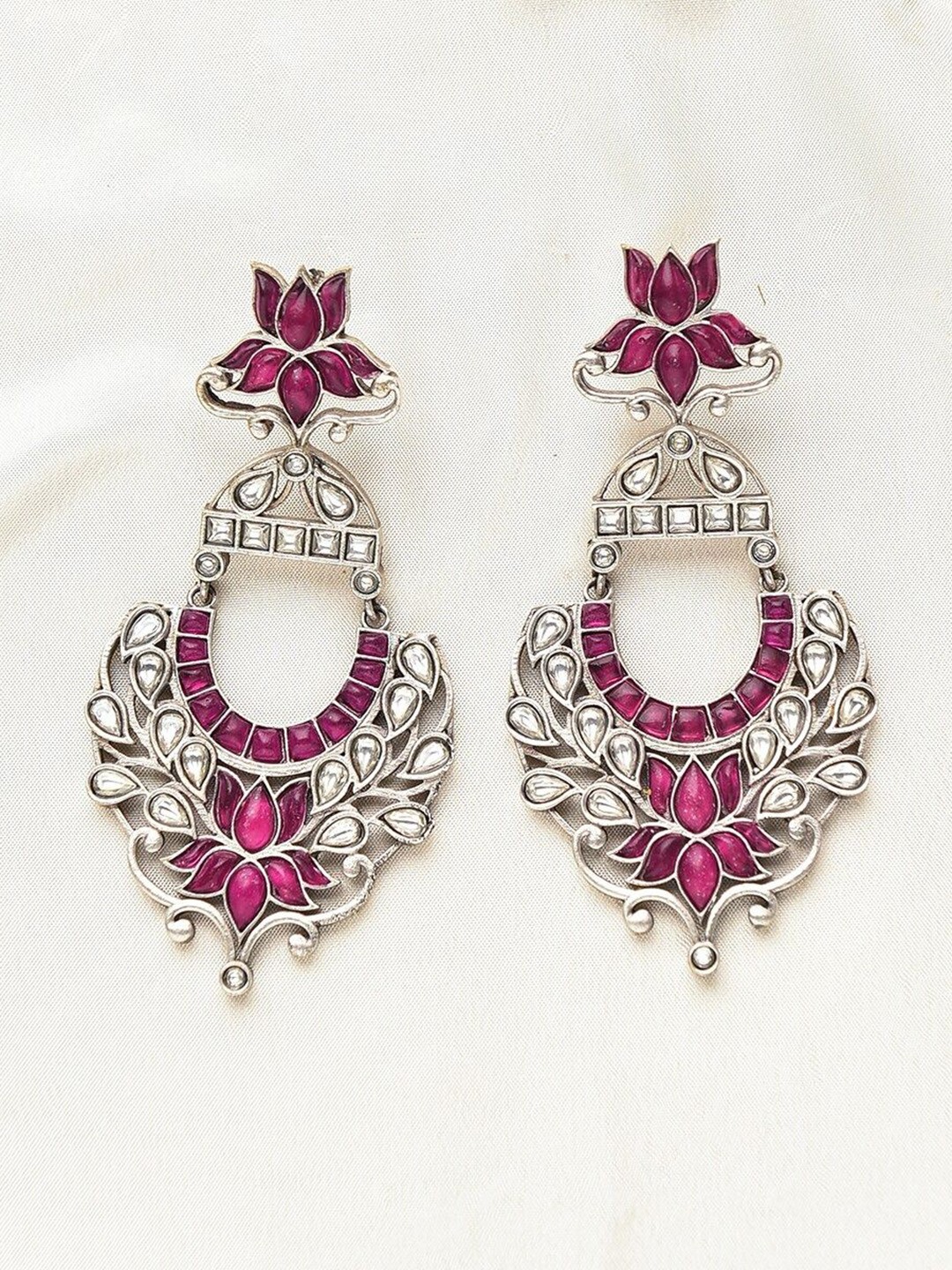 

JAYPORE Lotus Shaped Stone Studded Drop Earrings, Silver