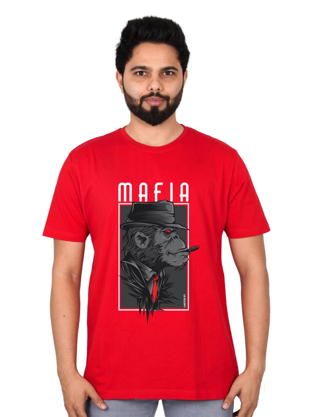 

LA MILANO Men Graphic Printed Round Neck Pure Cotton Slim Fit T-shirt, Red