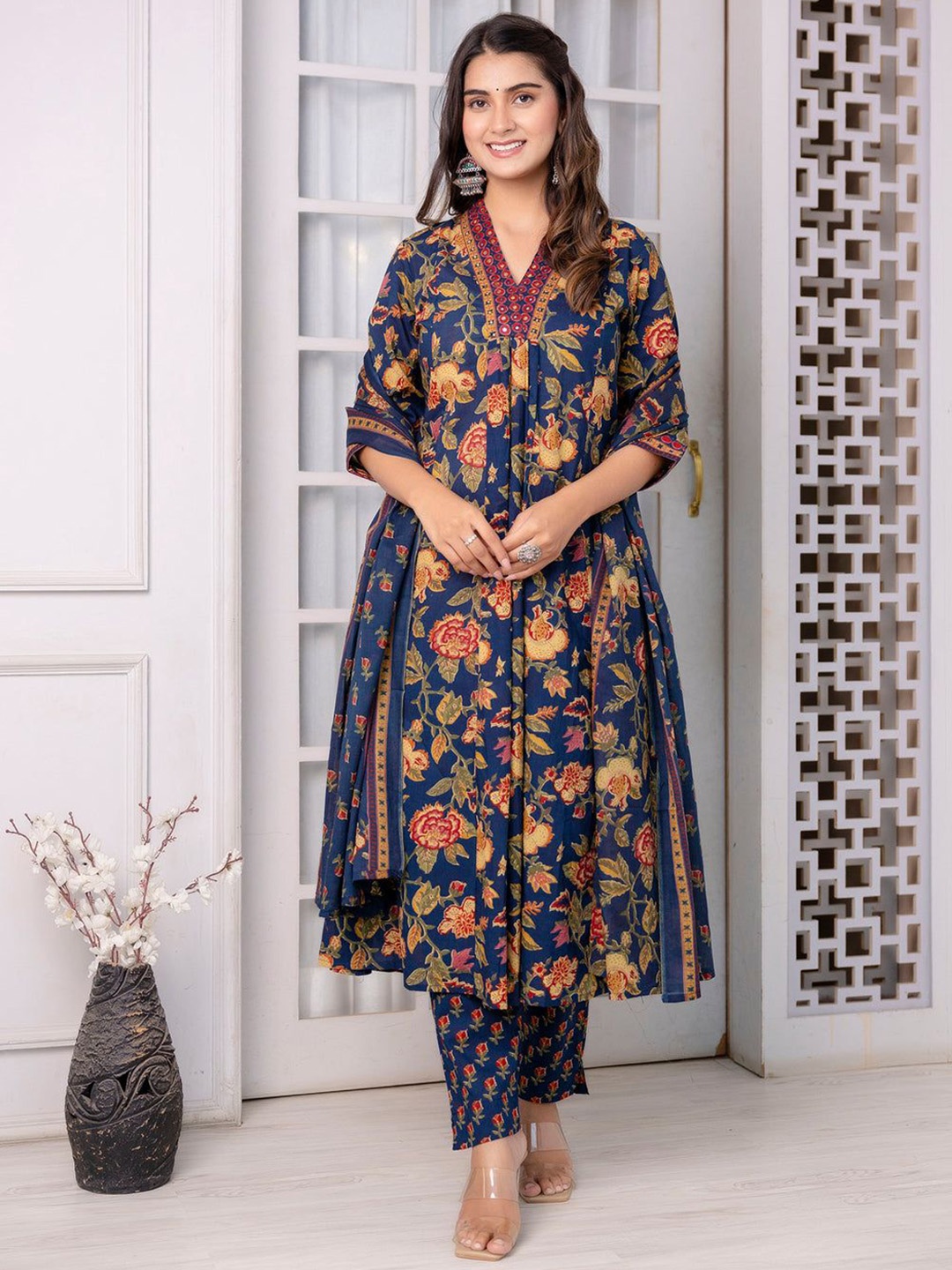 

KALINI Floral Printed A-Line Mirror Work Pure Cotton Kurta with Trousers & Dupatta, Blue