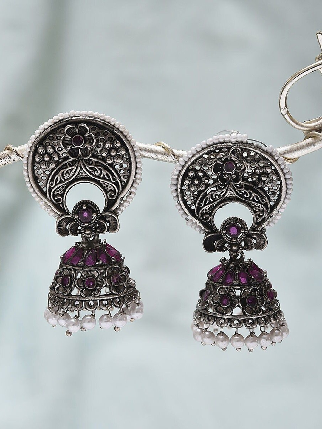 

JAYPORE Stone Studded Dome Shaped Oxidised Jhumkas, Silver