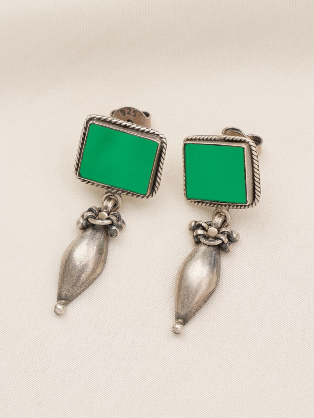 

JAYPORE Silver-Plated Contemporary Stone Studded Drop Earrings