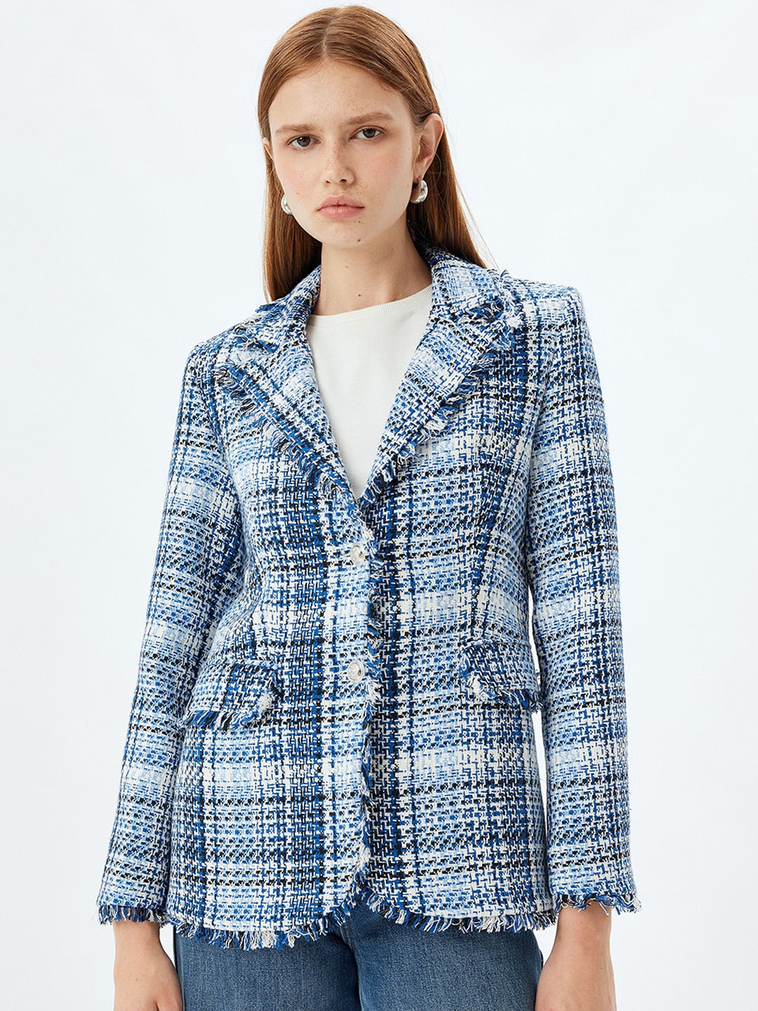 

Koton Women Lapel Collar Abstract Printed Casual Tailored Jacket, Blue