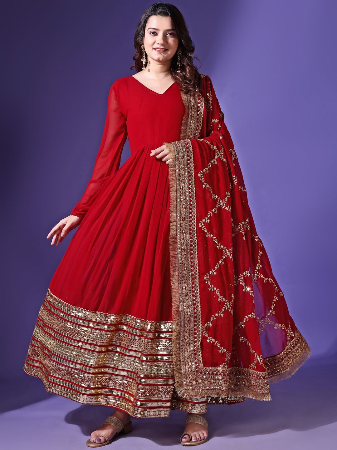 

KALINI V-Neck Embellished Pleated Georgette Anarkali Kurta with Dupatta, Maroon
