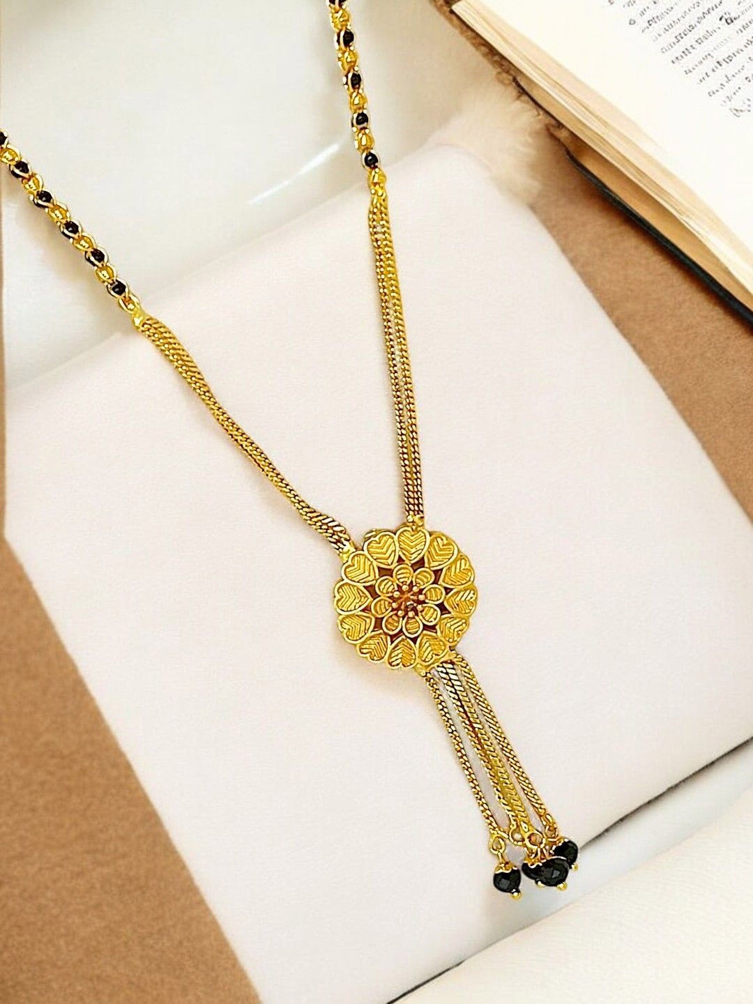 

9blings Gold-Plated Artificial Beads Studded Floral Mangalsutra