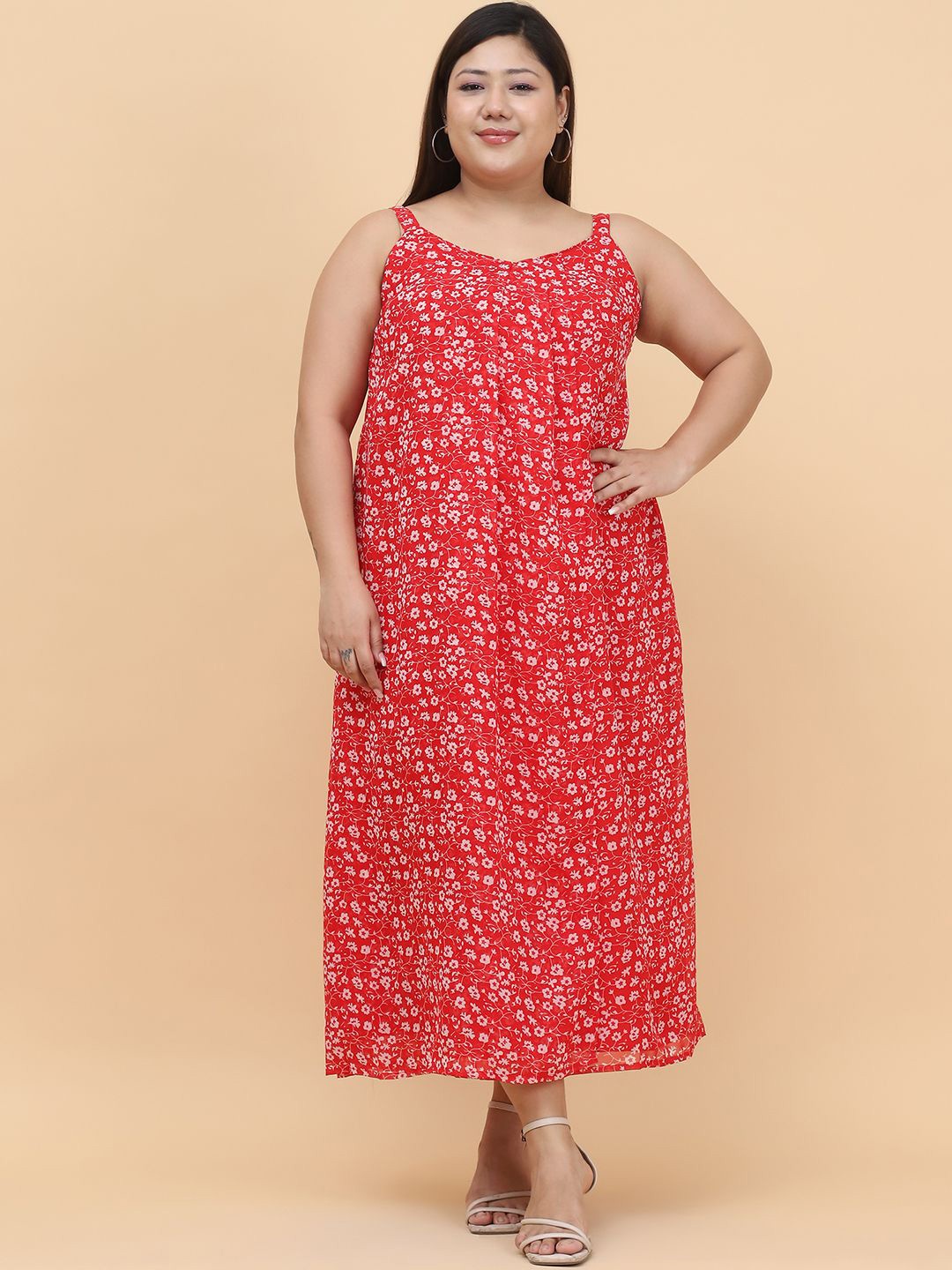 

theRebelinme Floral Print Georgette A-Line Midi Dress, Red