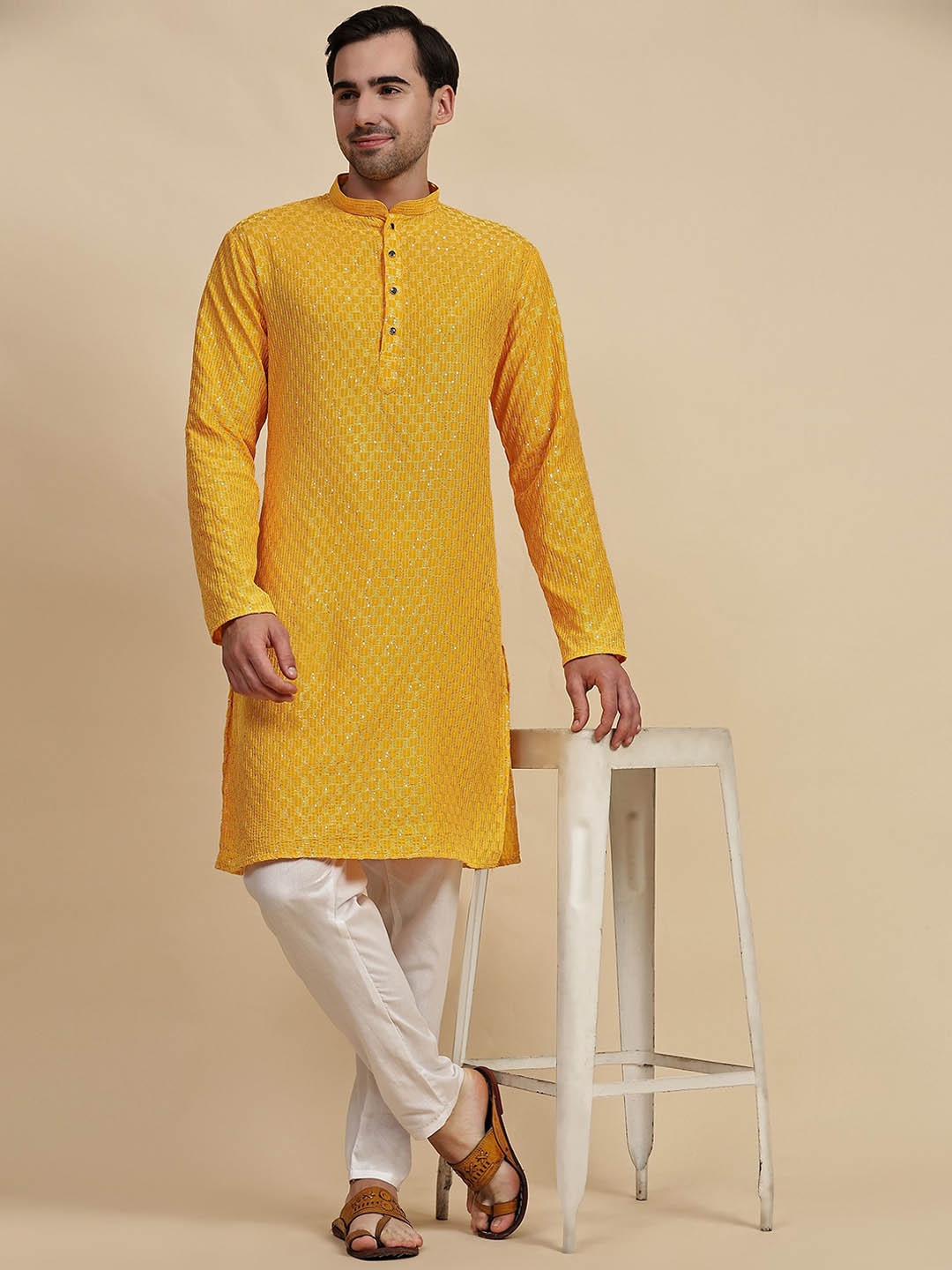 

Pro-Ethic STYLE DEVELOPER Embroidered Sequinned Jacquard Weave Pure Cotton Kurta & Pyjamas, Yellow