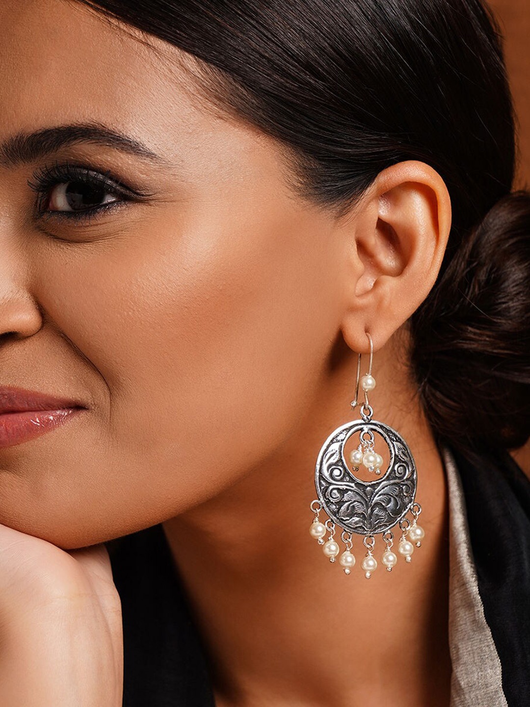 

JAYPORE Pure Silver Pearls Studded Contemporary Drop Earrings