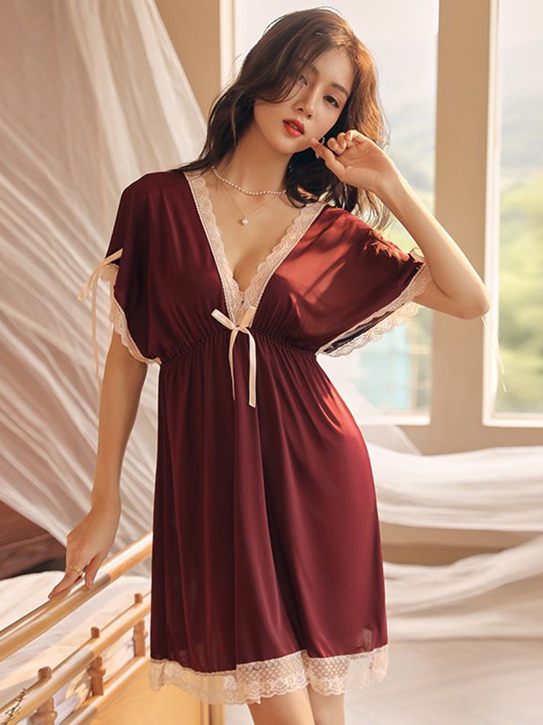 

StyleCast V-Neck Kaftan Baby Doll With Brief, Maroon