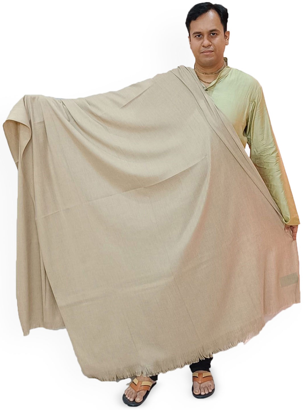 

Vrinde Fringed Border Pure Woollen Shawl, Beige