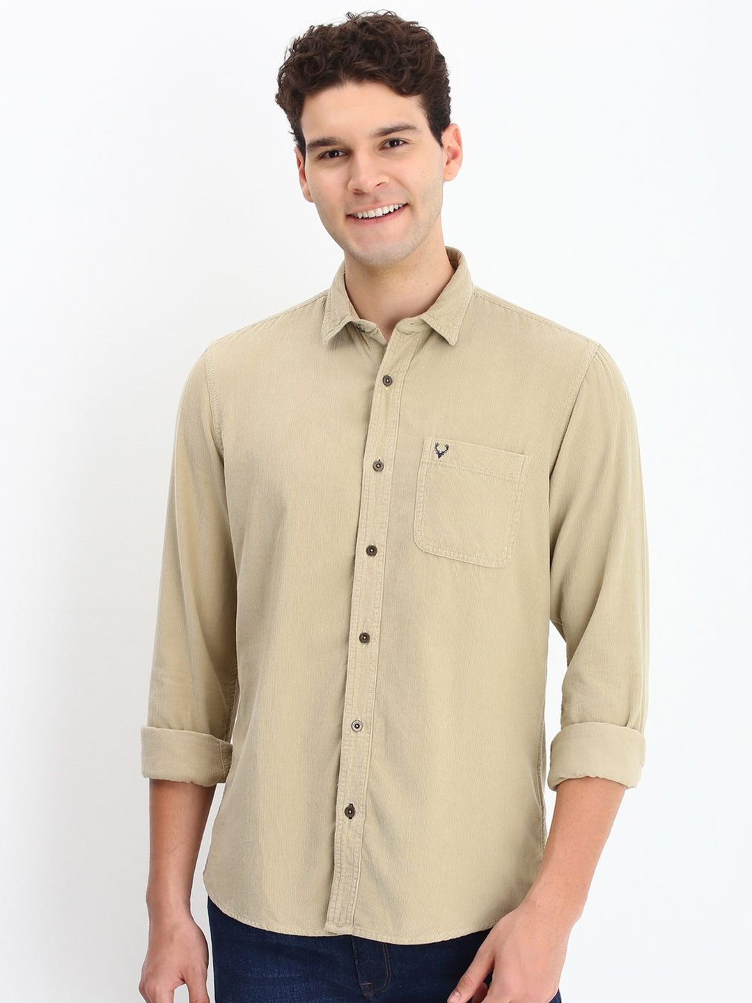 

Allen Solly Men Custom Spread Collar Solid Cotton Casual Shirt, Khaki