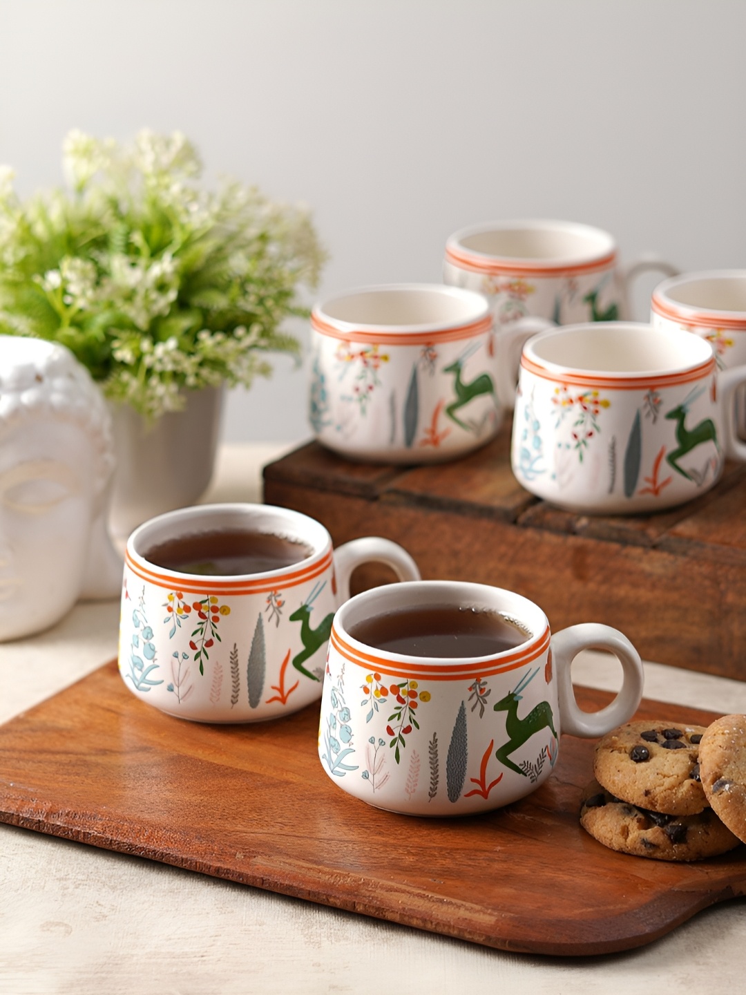 

CDI White & Green 6 Pieces Printed Ceramic Glossy Cups and Mugs