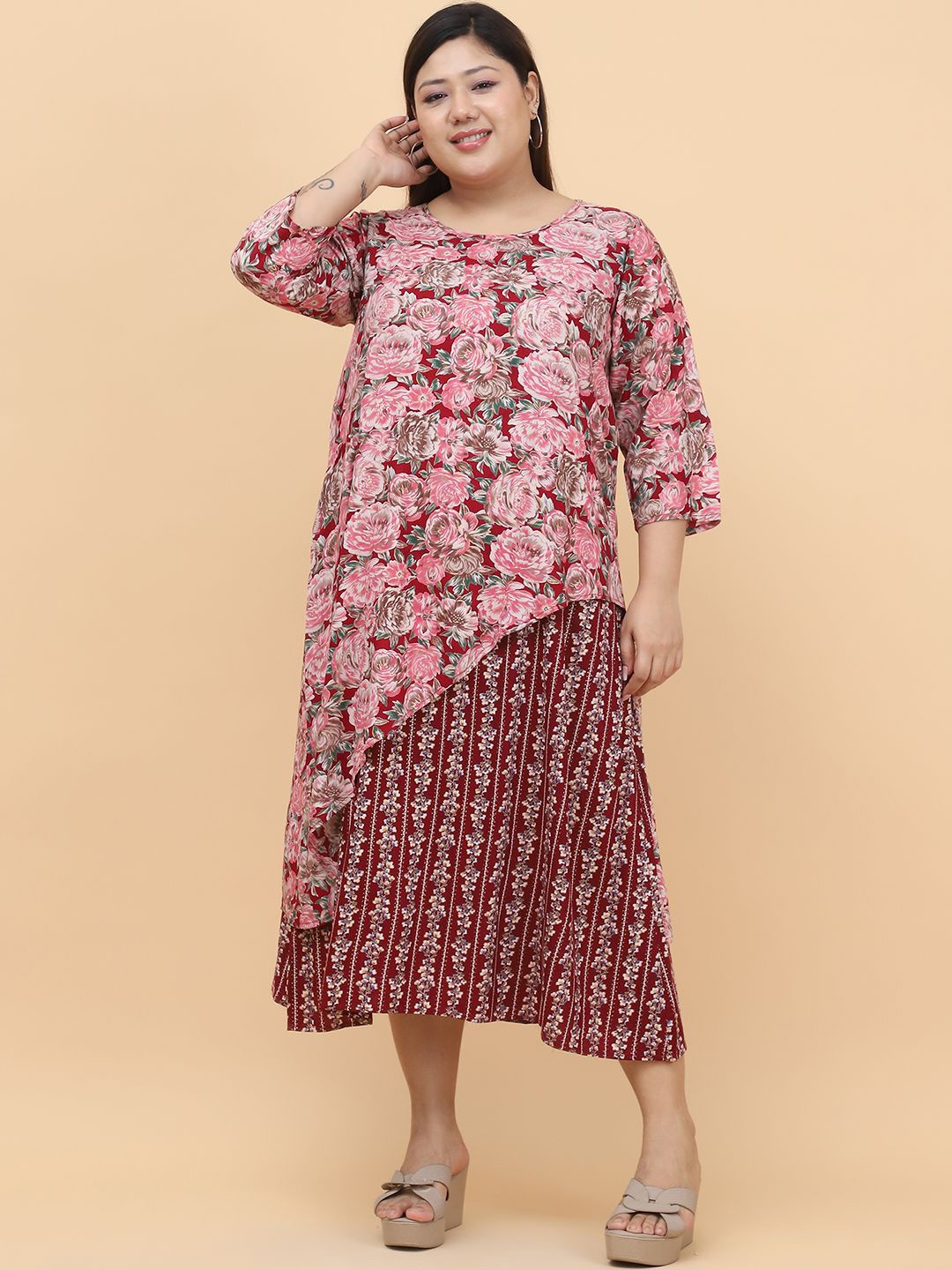 

theRebelinme Floral Print Layered A-Line Midi Dress, Maroon