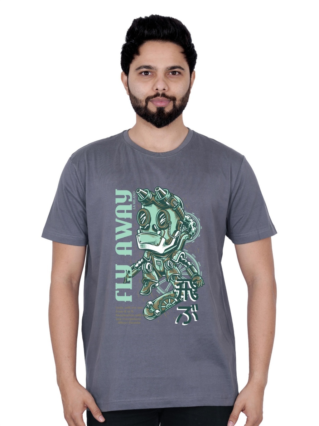 

LA MILANO Men Graphic Printed Round Neck Pure Cotton Slim Fit T-shirt, Grey