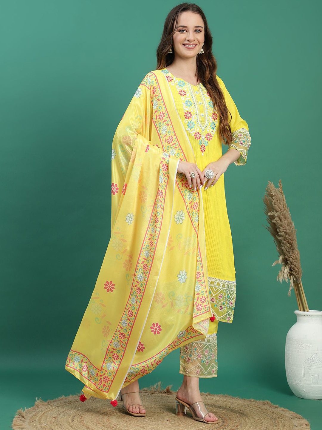 

Sangria Yellow Floral Embroidered Yoke Design Thread Work Kurta With Trousers & Dupatta