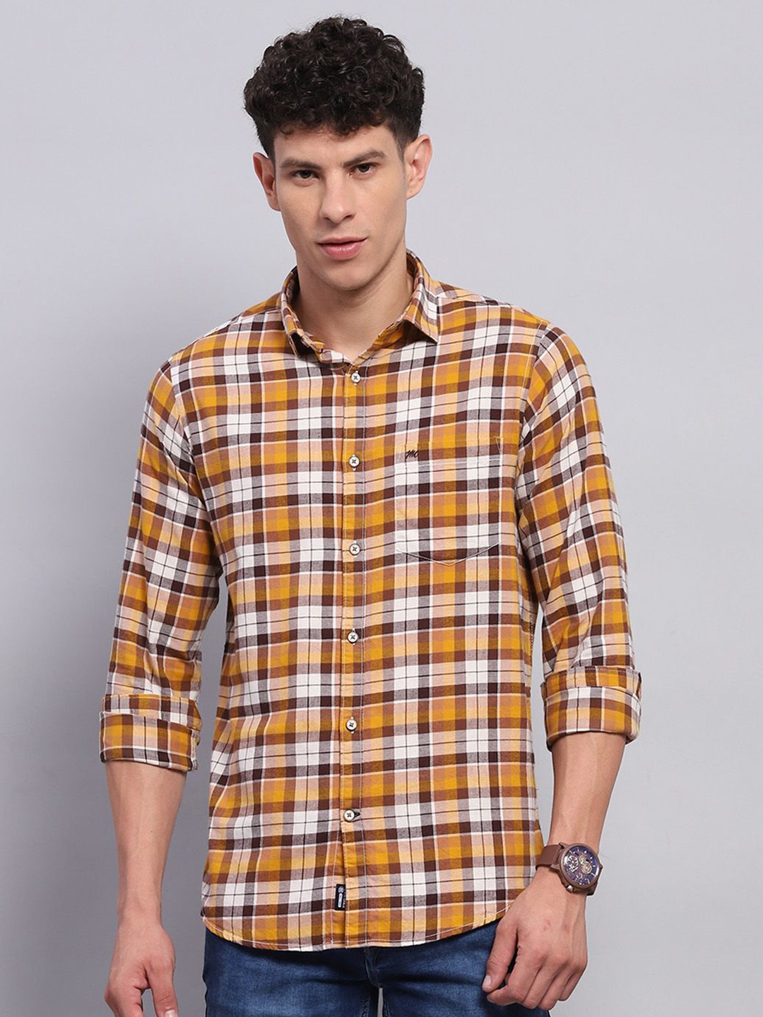 

Monte Carlo Men Spread Collar Tartan Checked Cotton Casual Shirt, Yellow