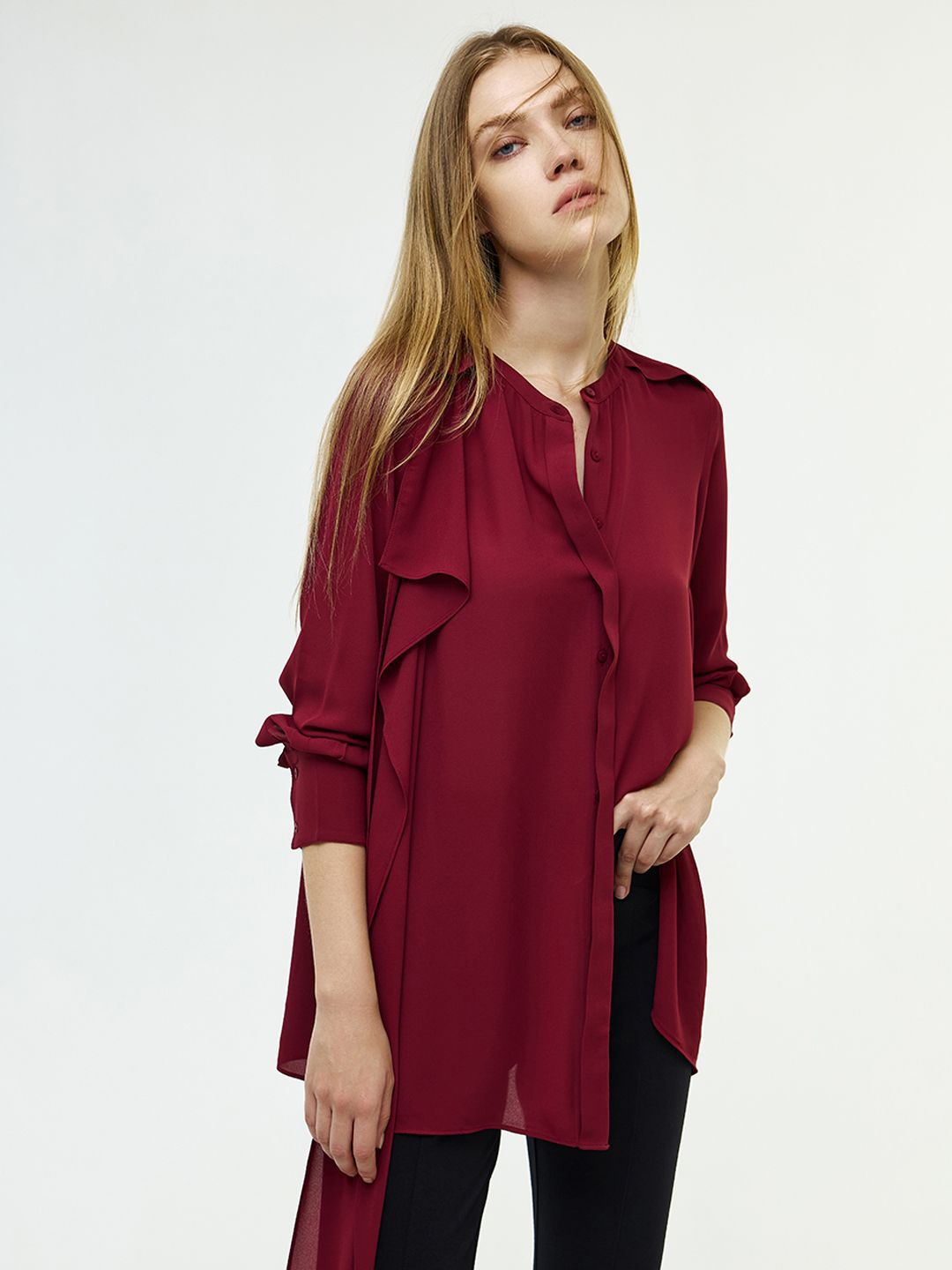 

COVER STORY Tie-Up Neck Shirt Style Longline Top, Maroon