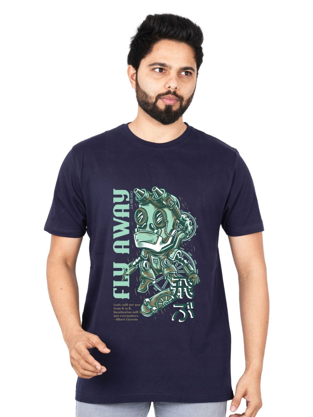 

LA MILANO Men Graphic Printed Round Neck Pure Cotton Slim Fit T-shirt, Navy blue