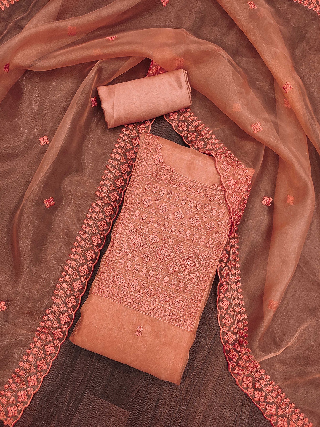 

Maroosh Floral Embroidered Zari Organza Unstitched Dress Material, Peach