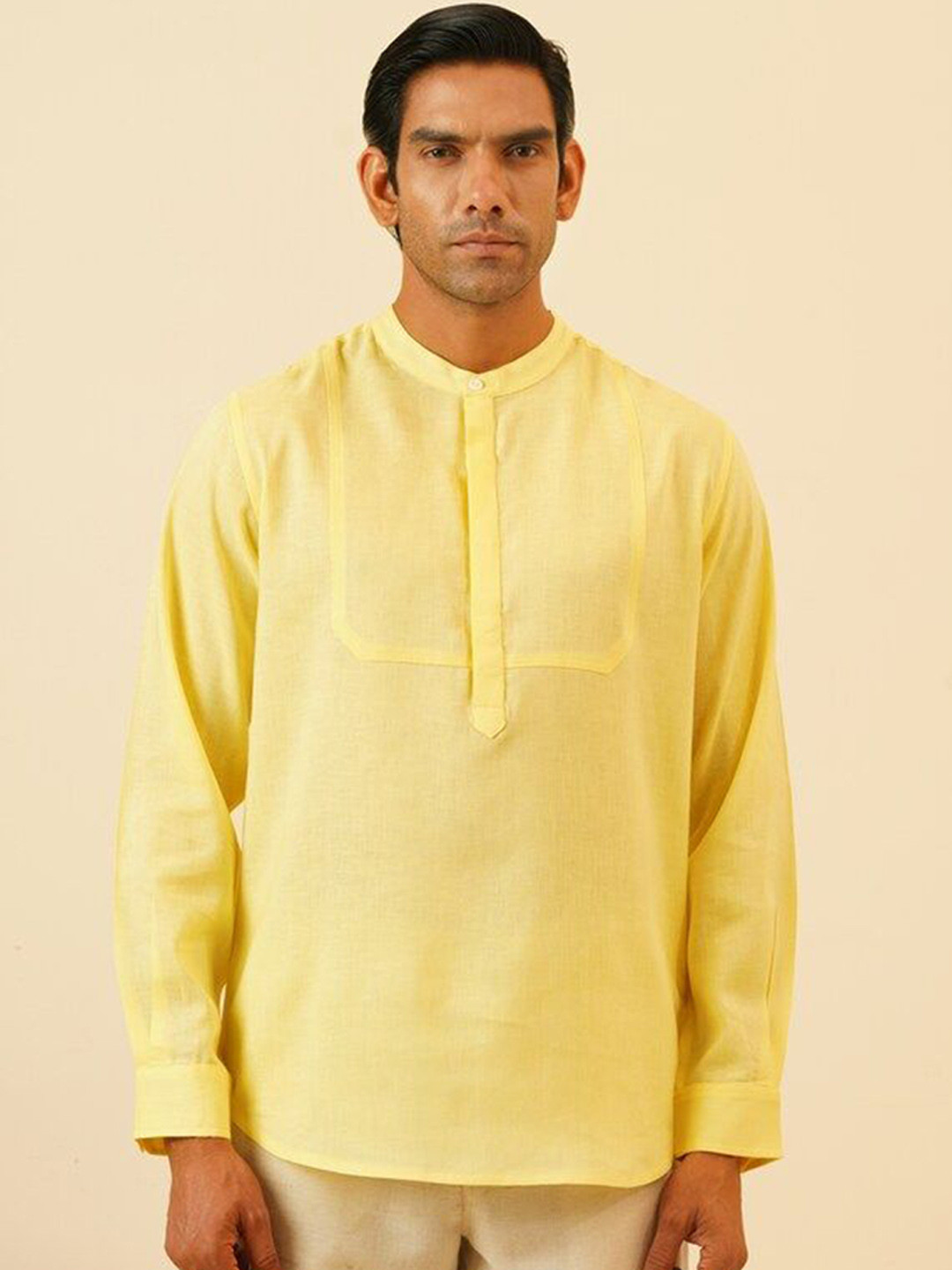 

JAYPORE Band Collar Long Roll-Up Sleeves Pure Cotton Kurta, Yellow