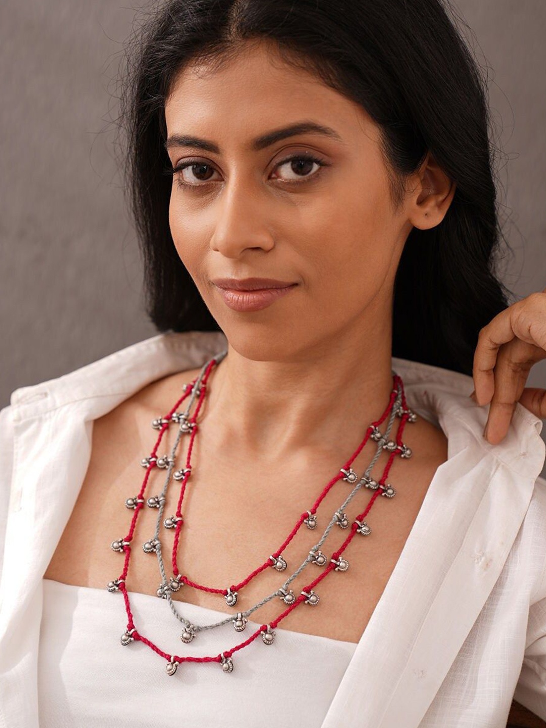 

JAYPORE Silver Layered Necklace, Pink
