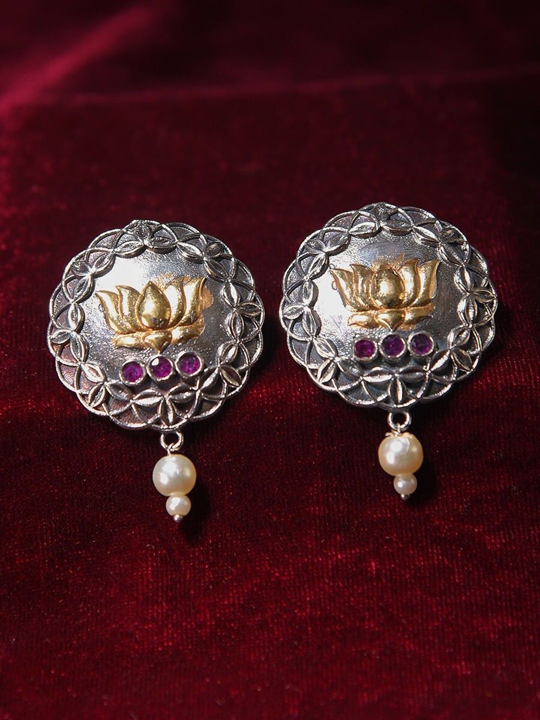 

JAYPORE Contemporary Stone Studded Oxidised Studs, Silver
