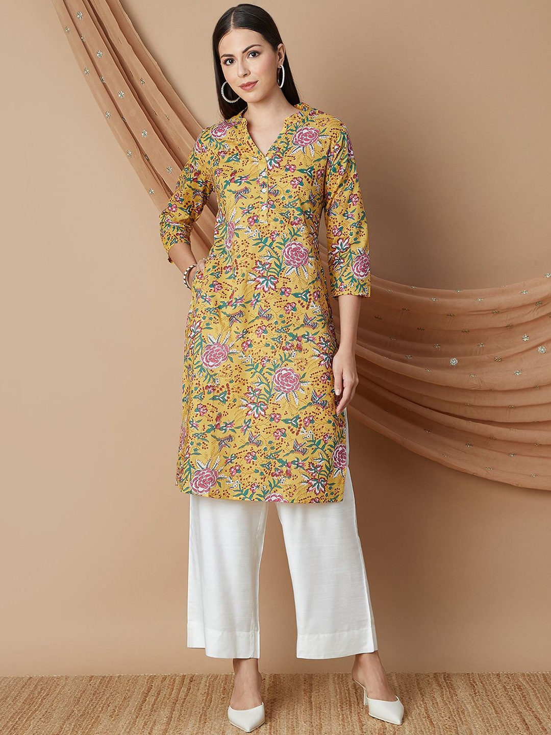 

Melange by Lifestyle Floral Printed Pure Cotton Mandarin Collar Kurta, Mustard