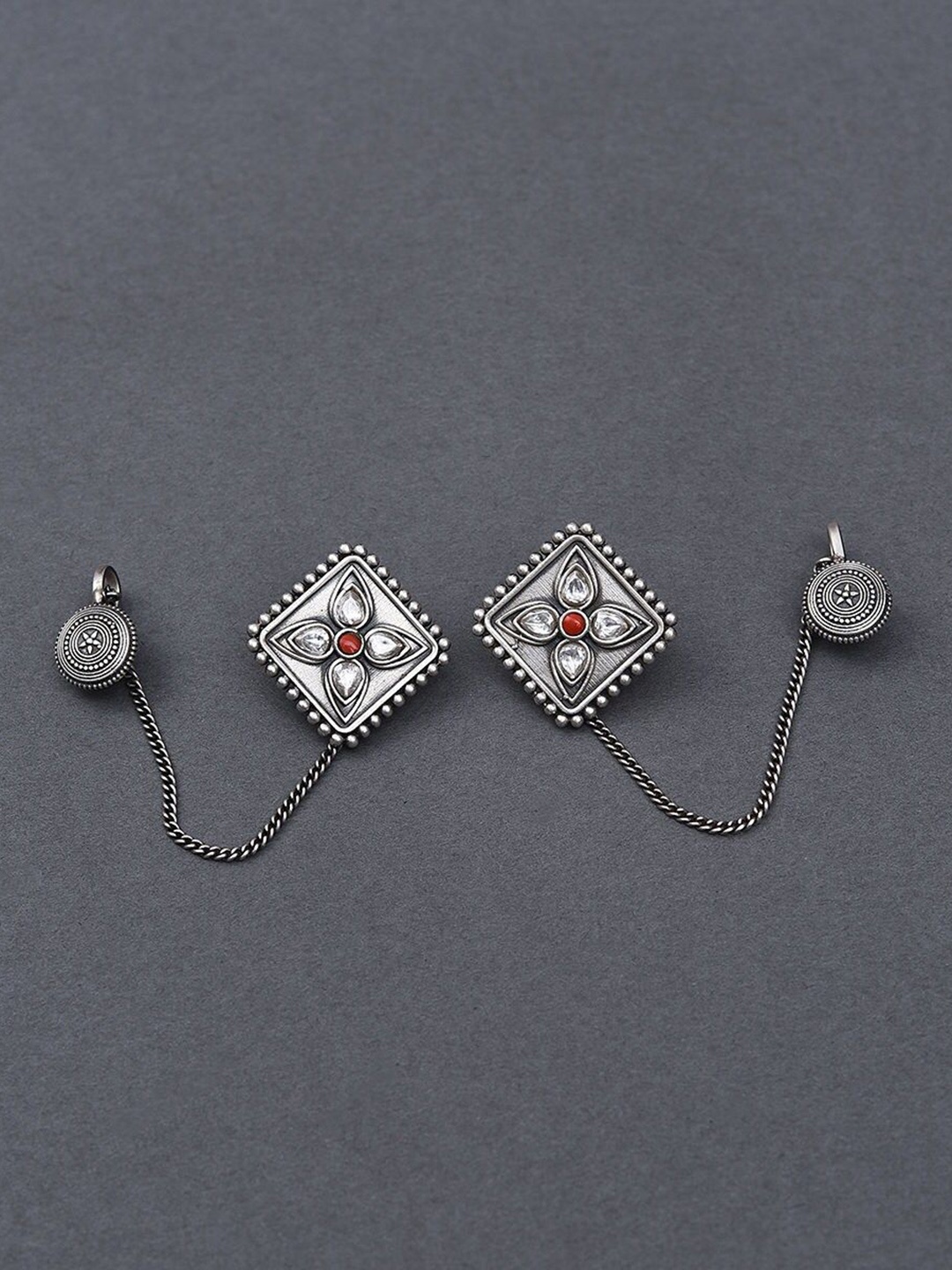 

JAYPORE Silver Stone Studded Diamond Shaped Studs With Attached Earcuffs