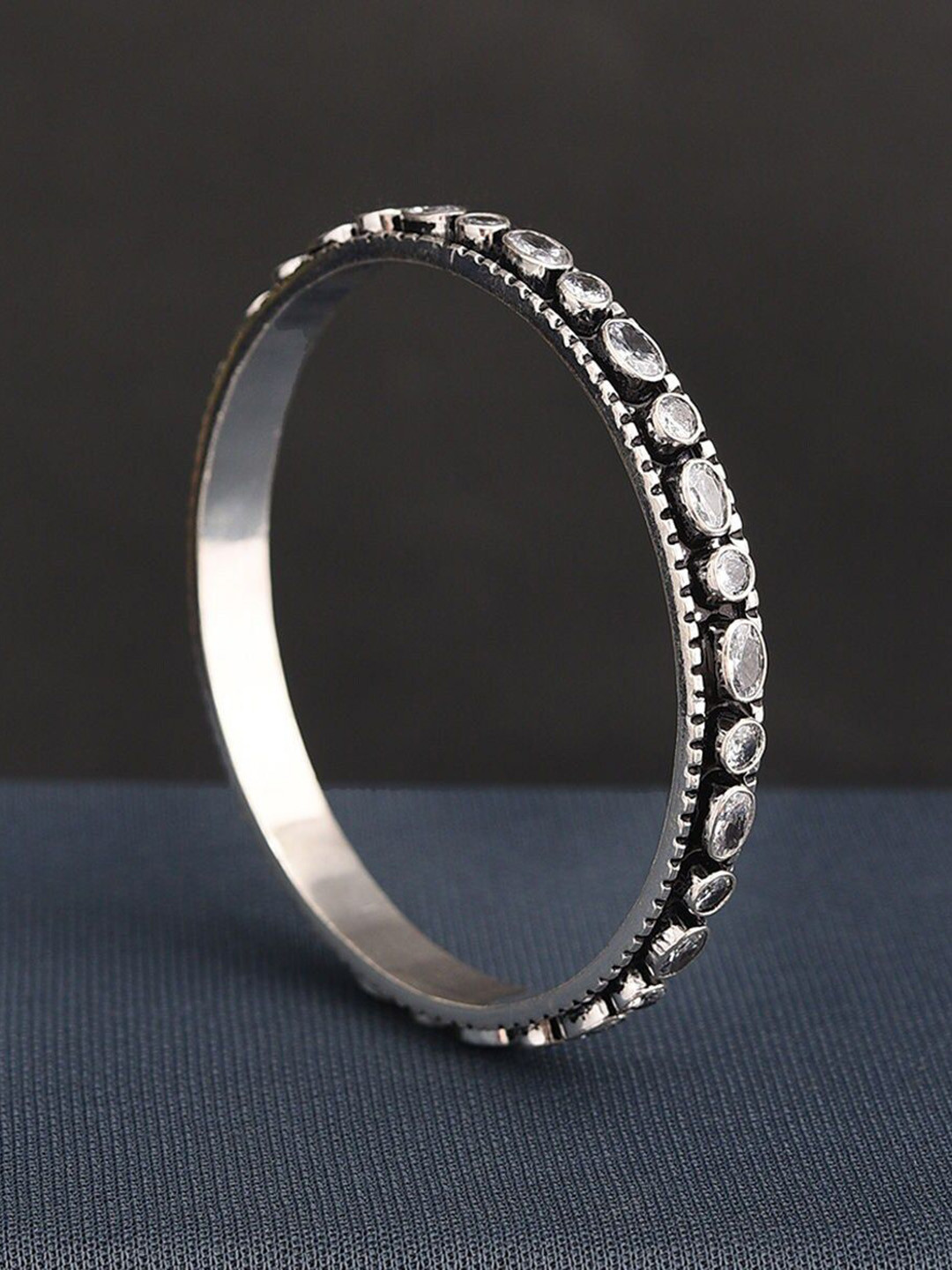 

JAYPORE Oxidised Stone-Studded Bangle, Silver