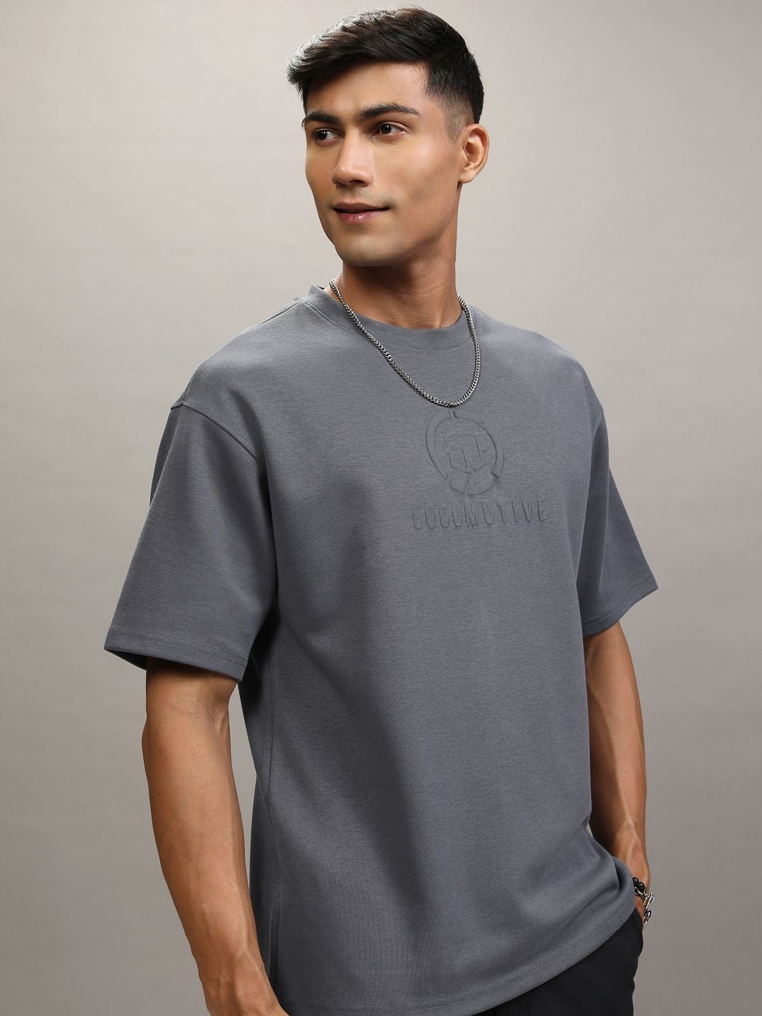 

Locomotive Premium Men Drop Shoulder Round Neck Relaxed Fit T-Shirt, Grey