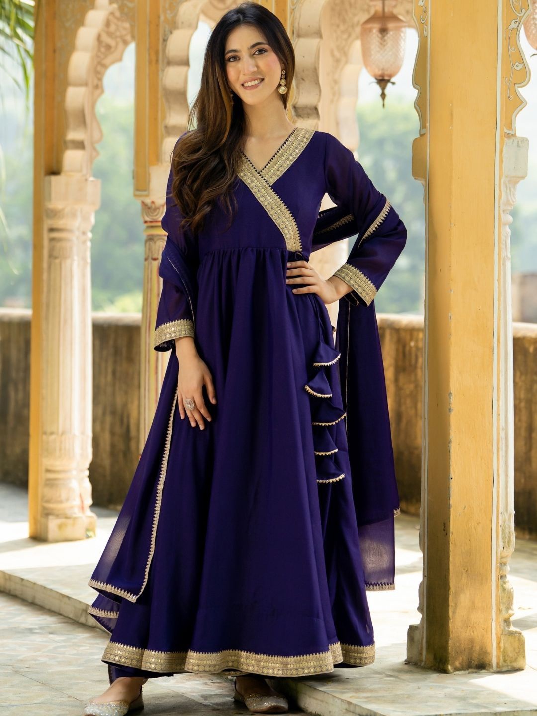 

HOUSE OF JAMOTI Sequinned Anarkali Kurta With Trousers & Dupatta, Purple