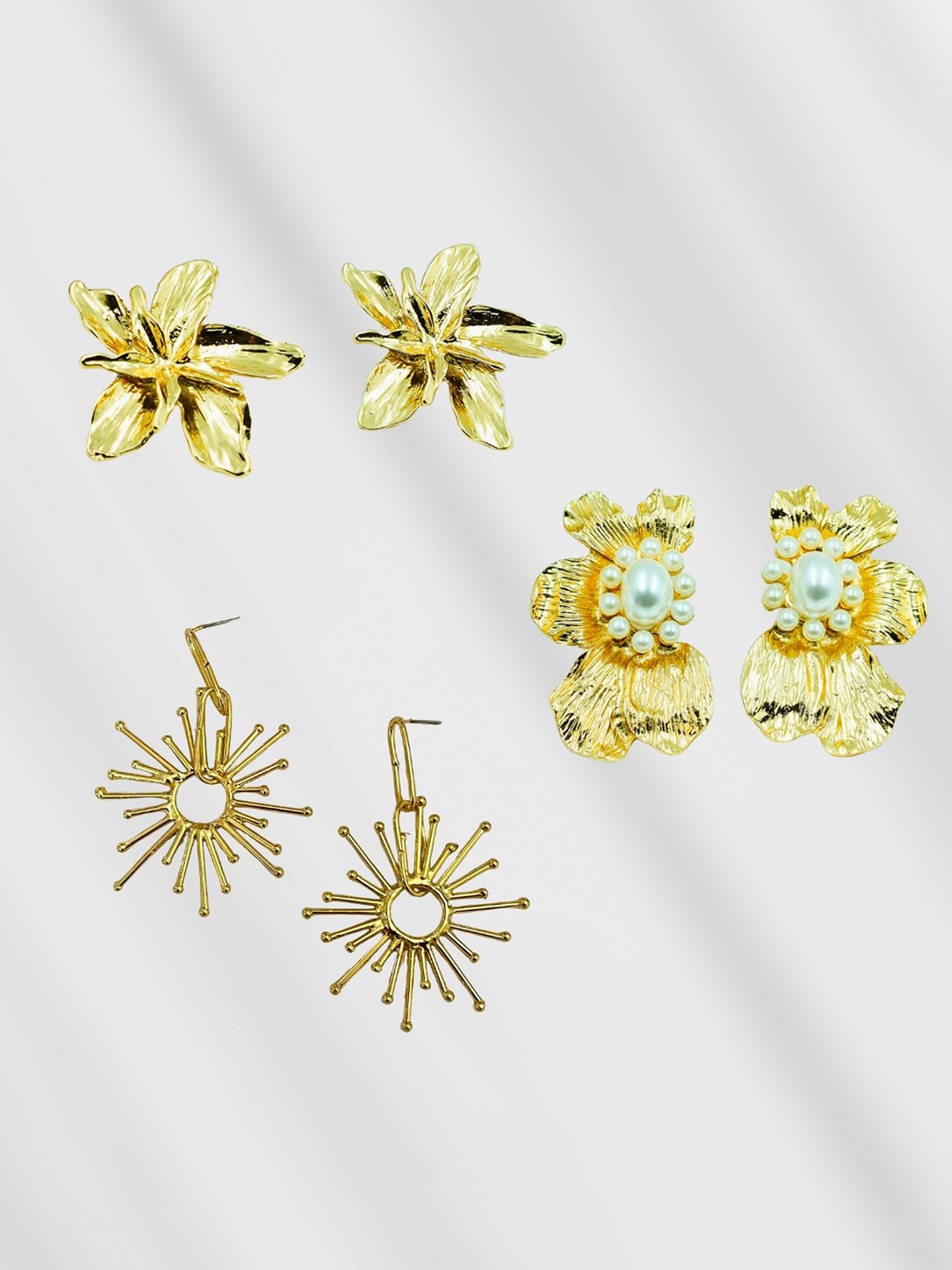

ISHKAARA Set Of 3 Gold-Plated Floral Drop Earrings