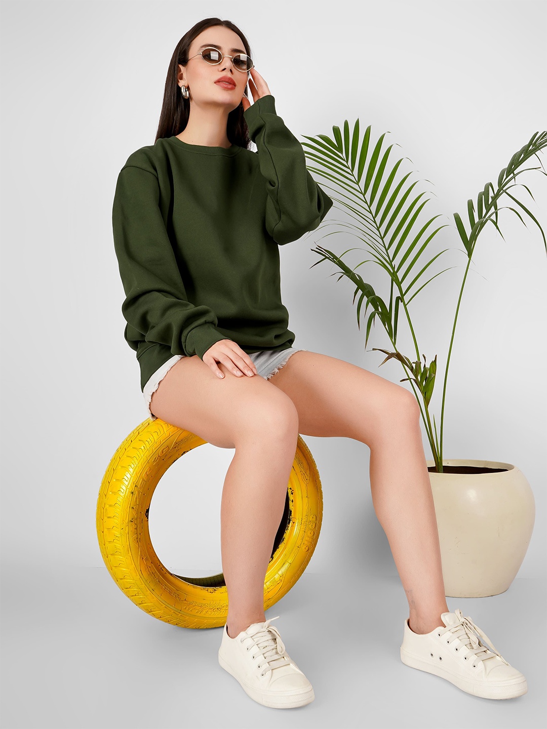 

MIMID Women Round Neck Relaxed Fit Cotton Sweatshirt, Olive