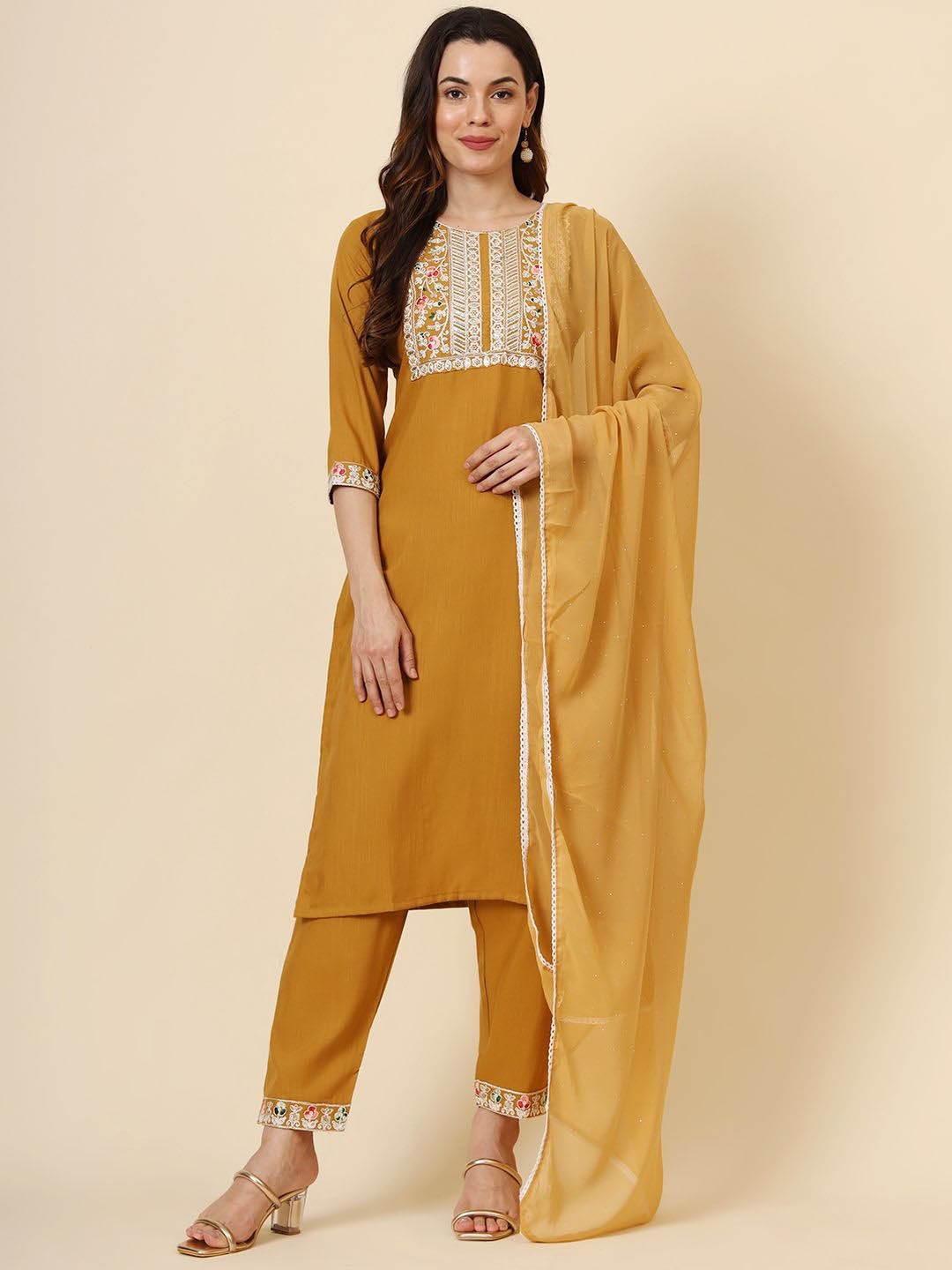 

HERE&NOW Floral Embroidered Regular Sequin Work Kurta With Trouser With Dupatta, Mustard